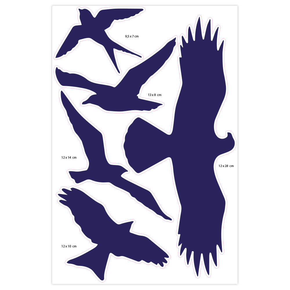 Blauer Vogel-Silhouetten-Aufkleber auf Bogen, dekorativer Vogelschutz-Aufkleber, 200x300 mm, von aufkleberdrucker.de