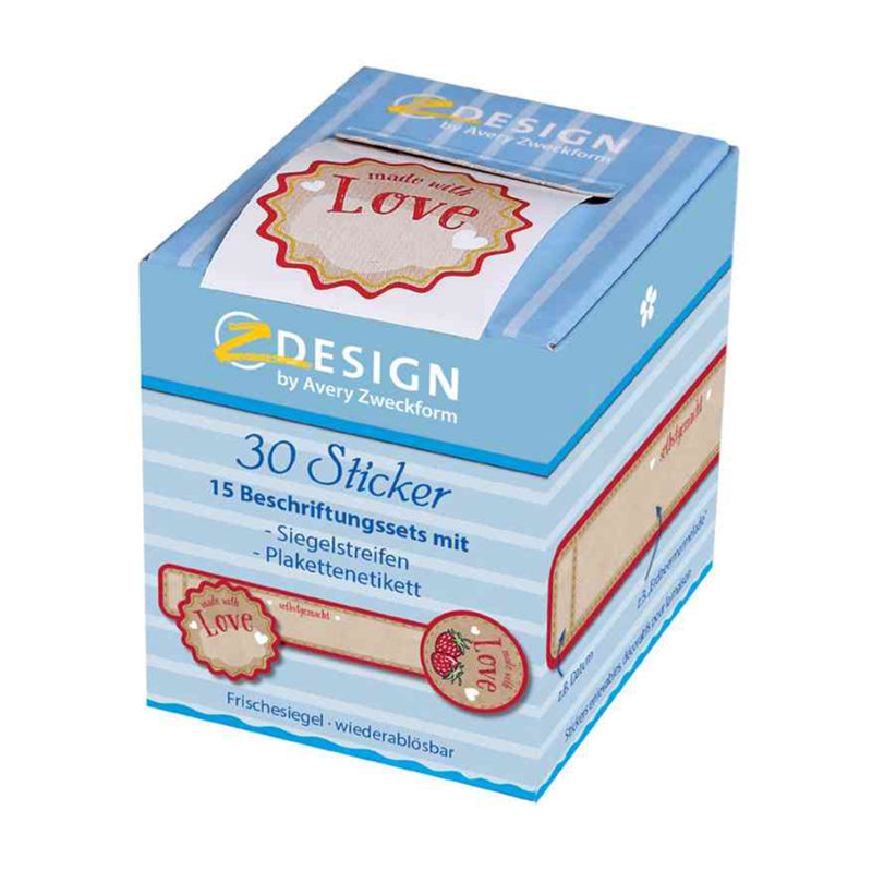 Aufkleber Frischesiegel "Made with Love" von Avery Zweckform, 30 Stück, mit bunten Herz- und Liebe-Motiven auf weißem Hintergrund.