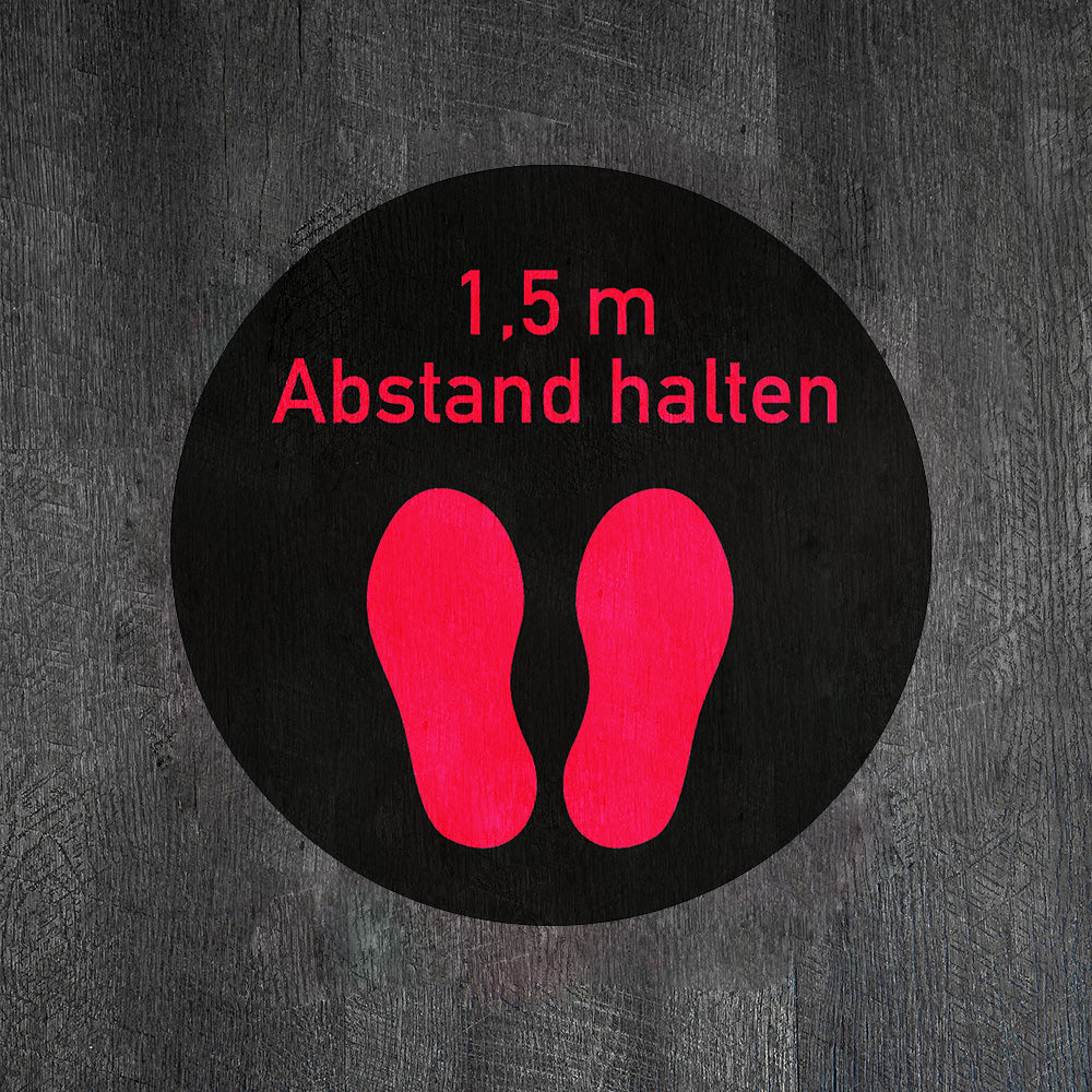 Rosa Fußbodenaufkleber mit 1,5 m Abstand halten, 300x300 mm, aufkleberdrucker.de, für soziale Distanz auf Böden