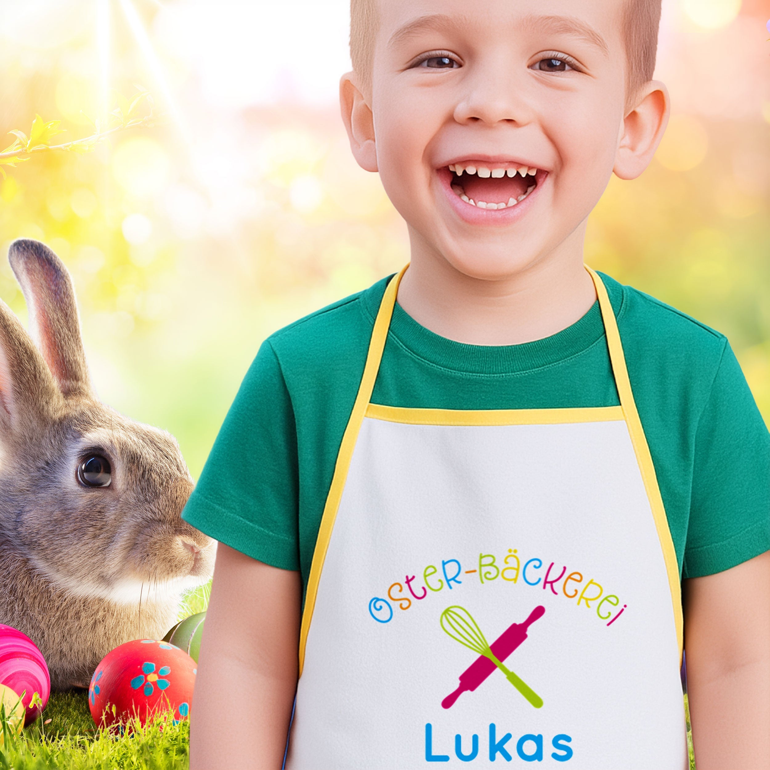 Kinder-Schürze mit Ostermotiv und individuellem Druck, aus Baumwolle, ideal für Kinder zum Basteln und Kochen.