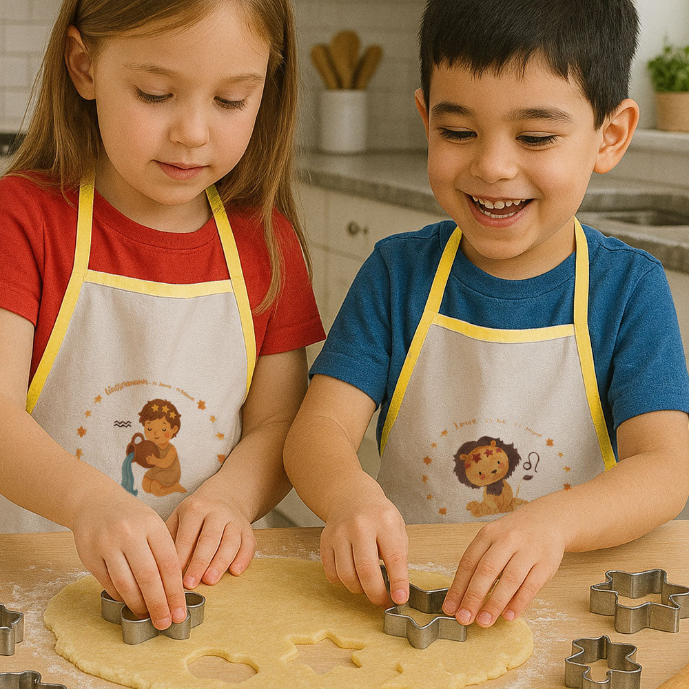 Bunte Kinderschürze mit individuellem Druck von kinder-druckerei.de, zeigt kindliches Design und farbenfrohe Muster.