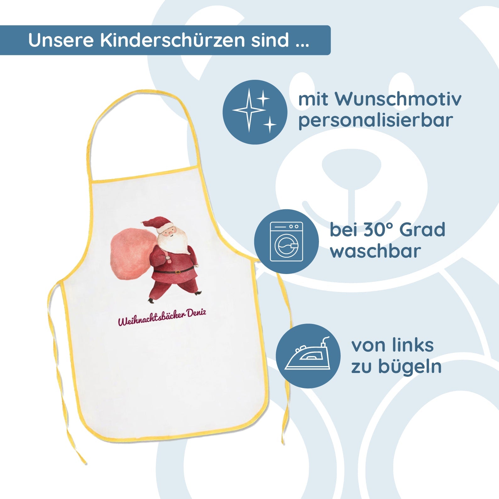 Bunte Kinderschürze mit individuellem Druck für Kinder, aus Baumwolle, von kinder-druckerei.de, mit bunten Motiven.