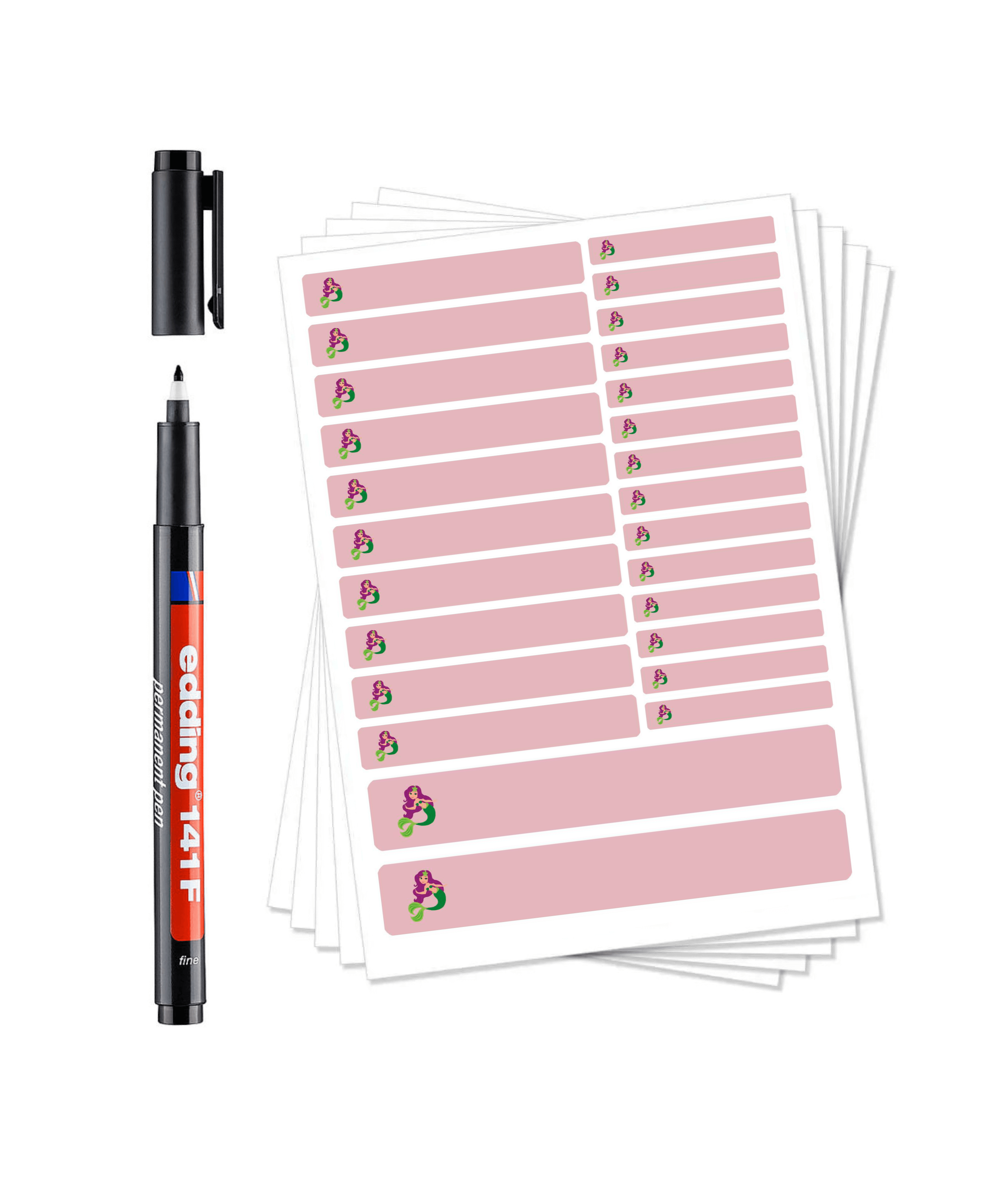 Meerjungfrau-rot Namensaufkleber im Bogen, inklusive Permanentmarker und Laminat, für DIY-Beschriftungen von aufkleberdrucker.de