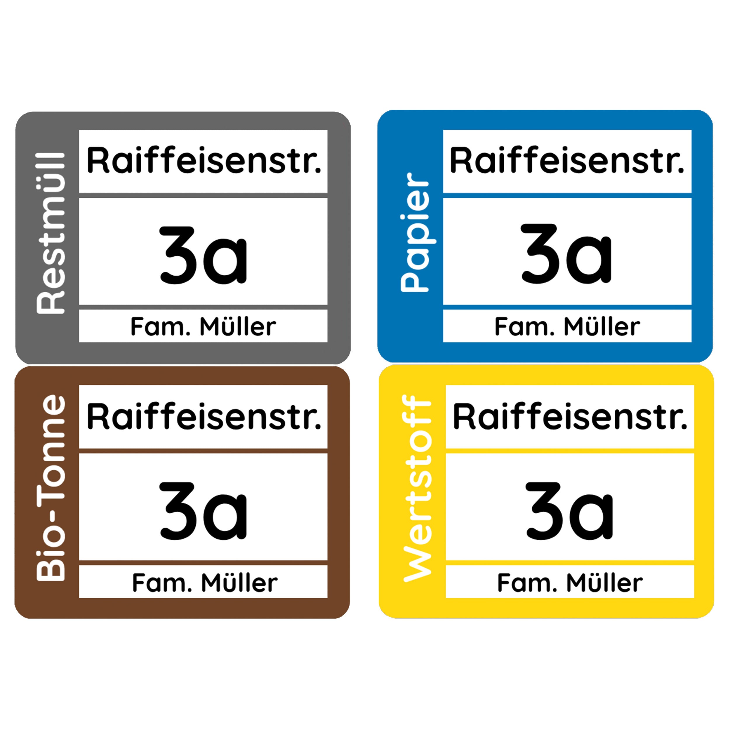 Vier wetterfeste Mülltonnenaufkleber in 19x14 cm, individuell gestaltbar, sichtbar auf Mülltonnen, von aufkleberdrucker.de