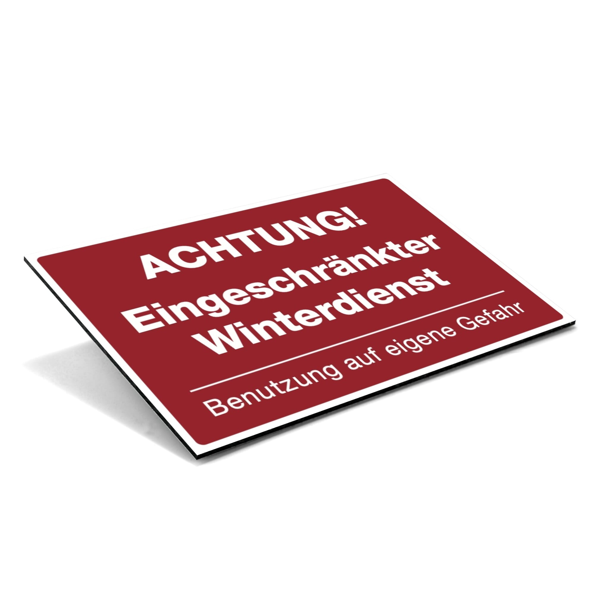 Auffälliges Schild mit Piktogramm und Text "Achtung Eingeschränkter Winterdienst" für Sicherheits- und Warnhinweise.