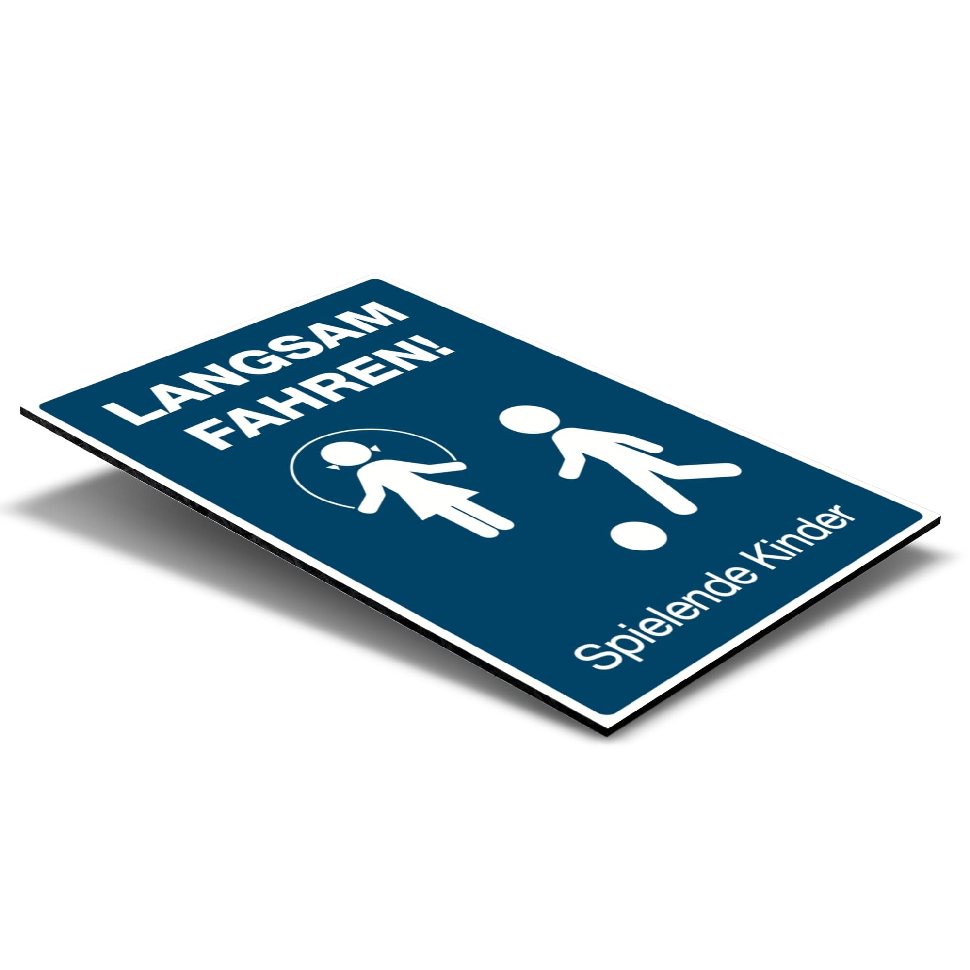 Schild "Langsam fahren! Spielende Kinder" mit Piktogramm, Verkehrszeichen für sicheren Schulweg, aufkleberdrucker.de
