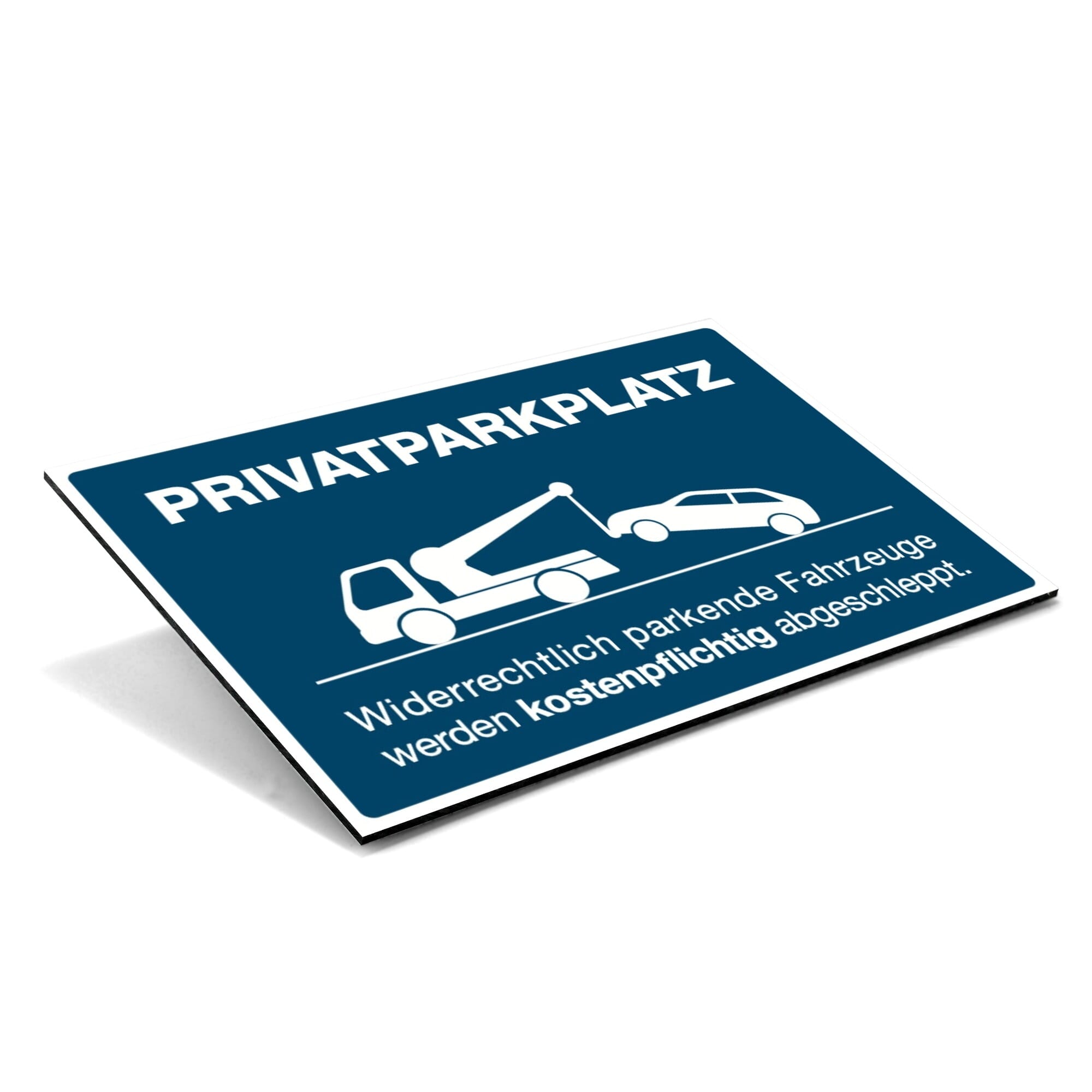 Alu-Verbundschild Privatparkplatz für widerrechtlich parkende Fahrzeuge, signalblau, 300x200x4 mm, mit klarer Beschriftung