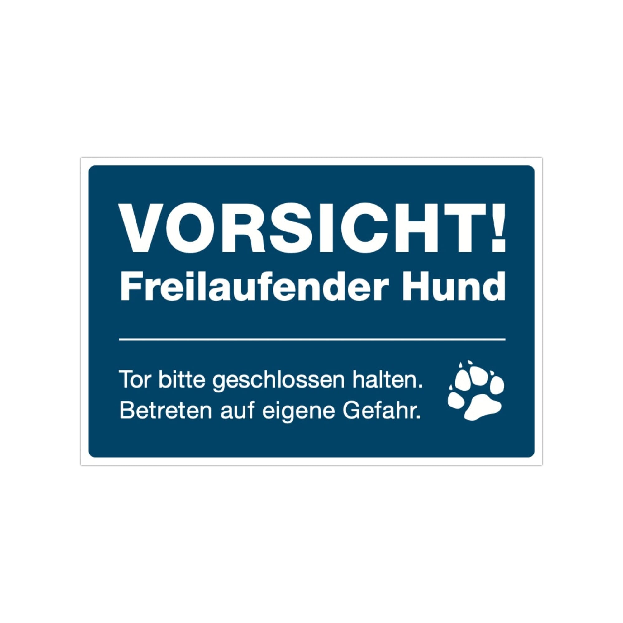 Drei signalblaue Aufkleber "Vorsicht! Freilaufender Hund" mit 300x200 mm auf glatter Oberfläche.