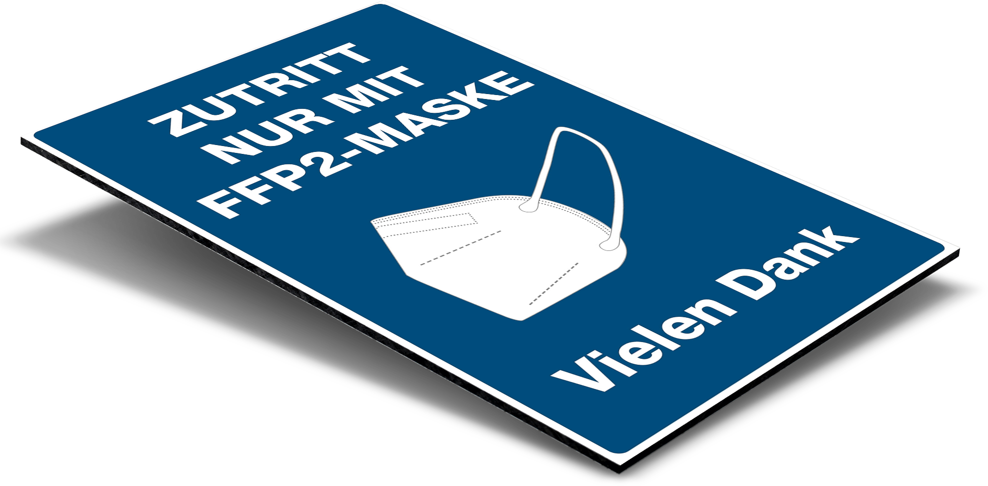 Alu-Verbundschild mit blauer Beschriftung "Zutritt nur mit FFP2-Maske", Maße 200x300x4 mm, für Sicherheitskennzeichnung