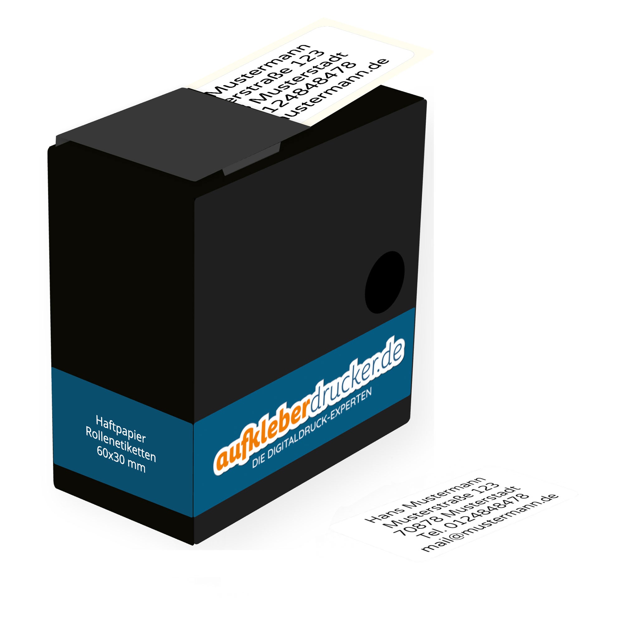 Adressaufkleber im Spenderkarton, 60x30mm, von adressaufkleber-fabrik.de, auf einem weißen Hintergrund sichtbar