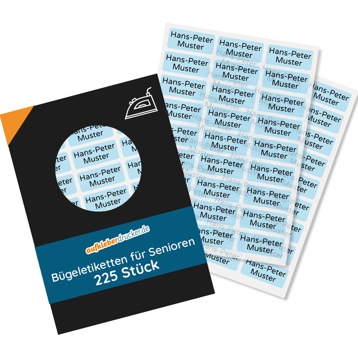 Bügeletiketten für Senioren, 30x13 mm, Kennzeichnungsetiketten auf Klebeetiketten für Pflegeheim und Altenpflege.
