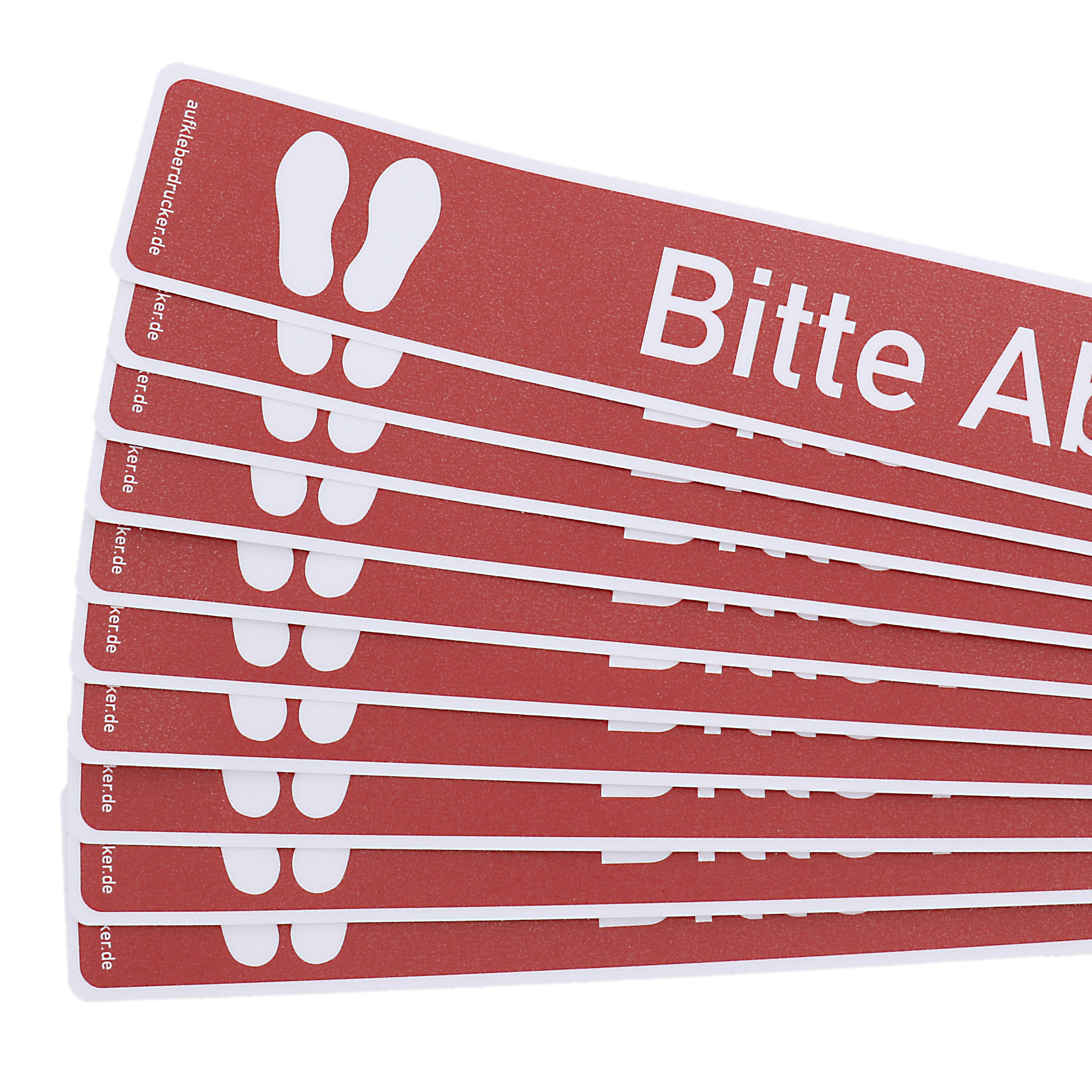 Roter Fußbodenaufkleber mit Abstand-Halten-Motiv, 1000x50 mm, 10 Stück, für soziale Distanz auf dem Boden.