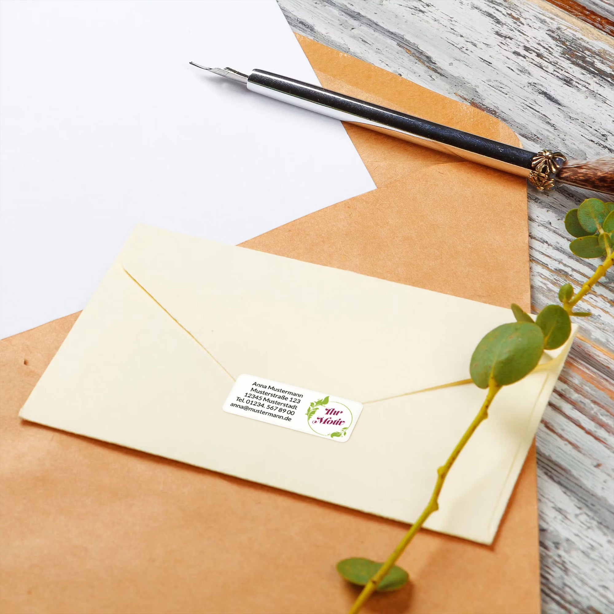 Individuelle Adressaufkleber 50x20 mm mit Logo auf weißem Hintergrund, perfekt für personalisierte Versandetiketten.