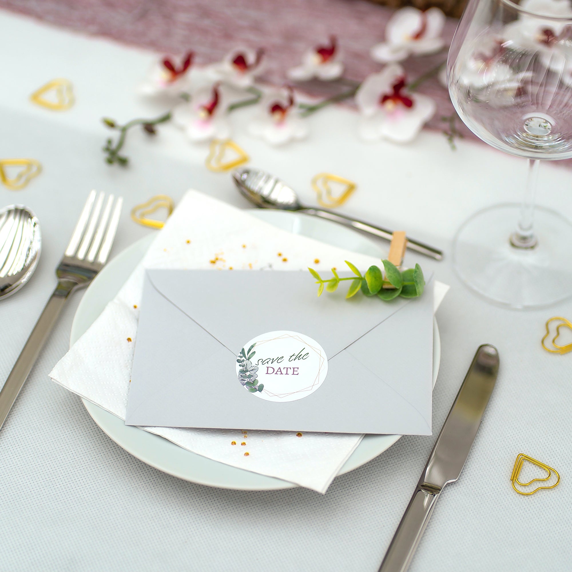 Hochzeit-Aufkleber mit Eukalyptus-Motiv, Teil des Sets mit 80 variierenden Aufklebern und Texten, für Save-the-Date-Karten