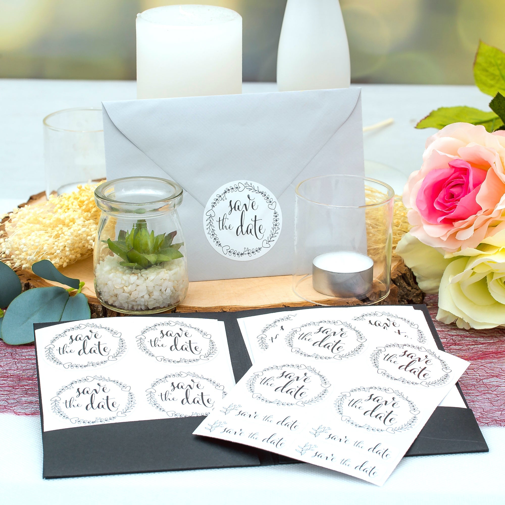 Schwarz-weißer Hochzeit-Aufkleber von aufkleberdrucker.de, Set mit 80 verschiedenen Größen und Texten, ideal für Save-the-Date-Karten