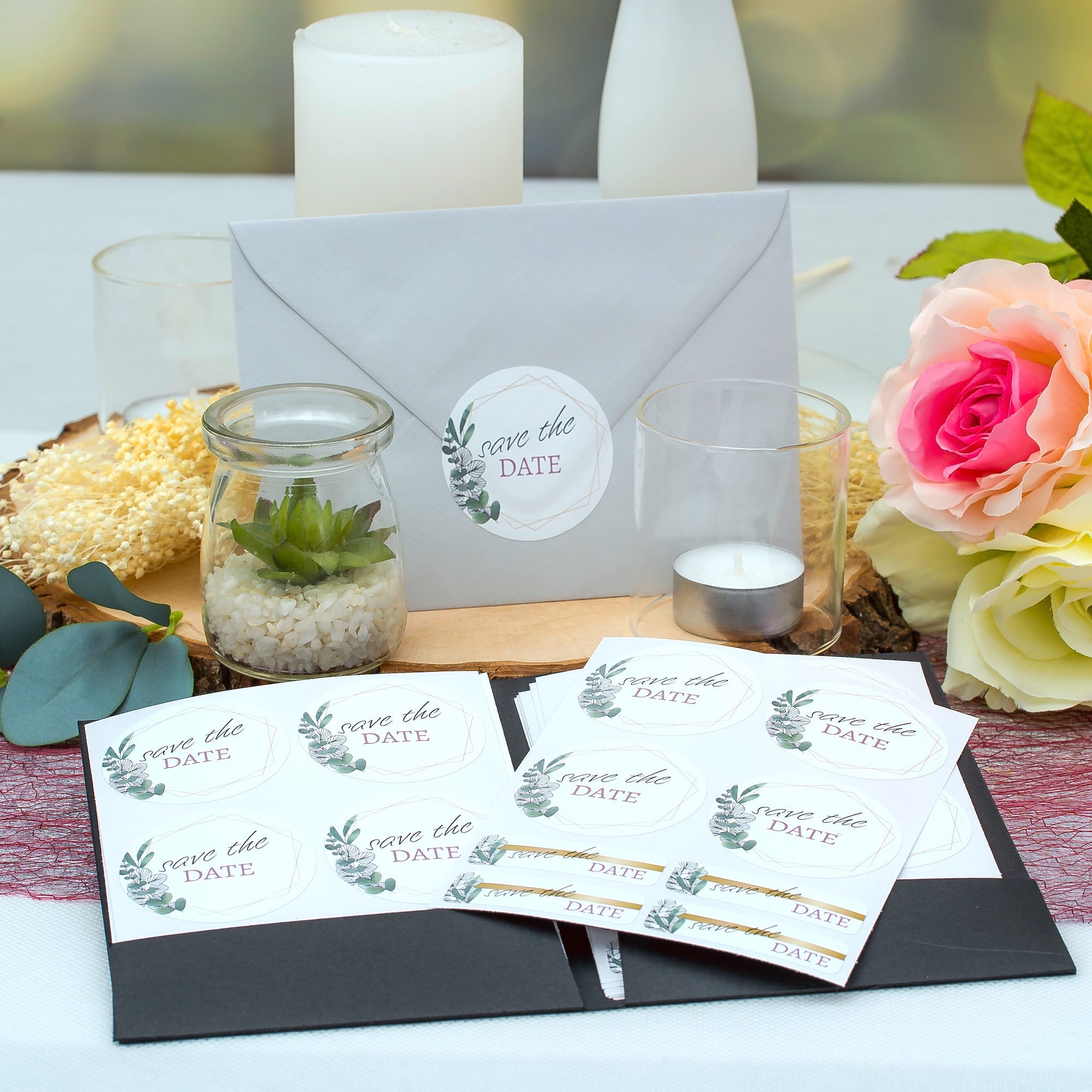 Hochzeitsaufkleber mit Eukalyptus-Motiv, Set mit 80 verschiedenen Größen und Texten, perfekt für Save-the-Date-Karten.