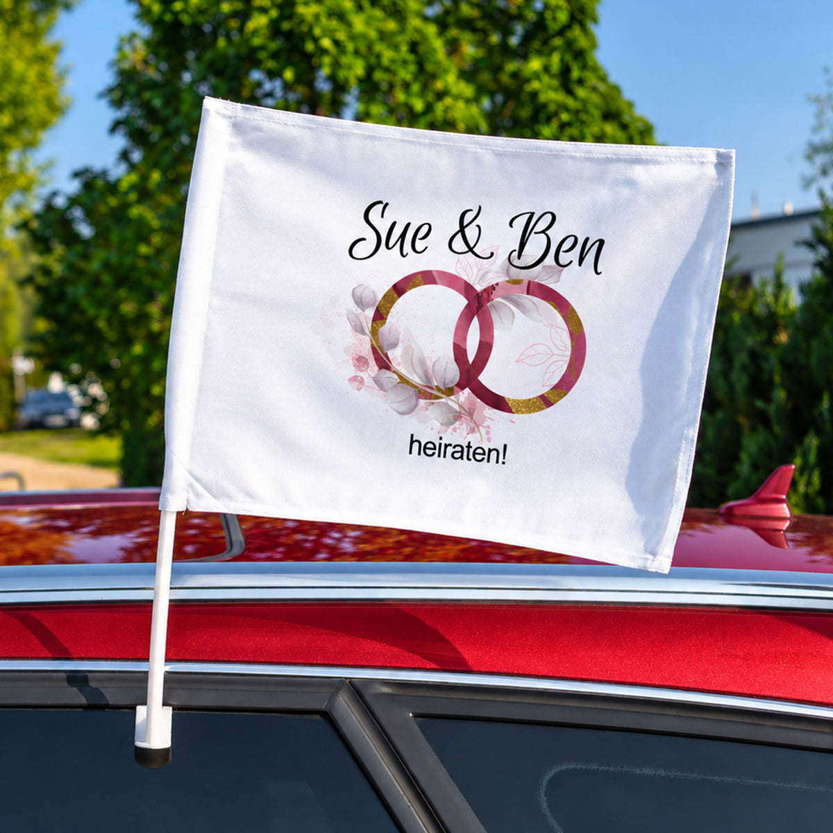 Individuelle Autofahne mit Halterung, 400 x 300 mm, bedruckte Autoflagge für Werbung, Events und Fan-Identifikation