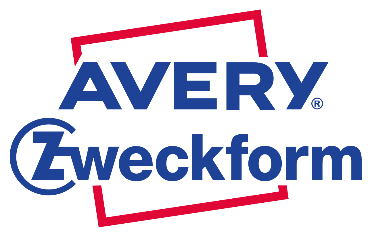 Avery Zweckform Logo auf einem weißen Hintergrund, geeignet für den Einsatz im Bereich Aufkleberdrucker.