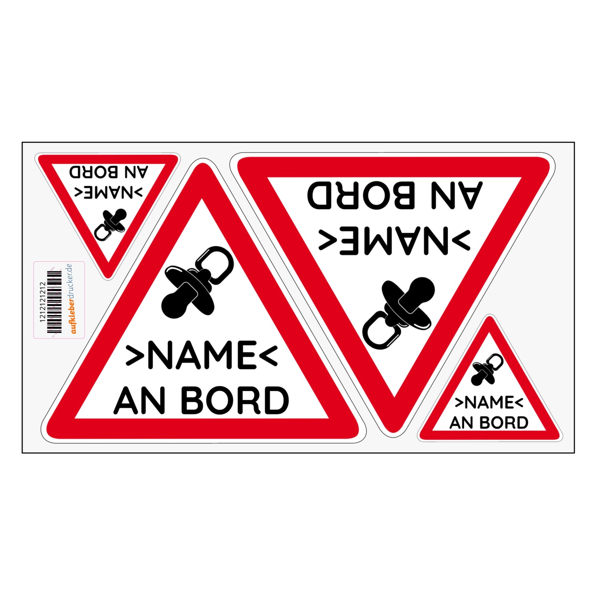 Personalisierbarer Autoaufkleber Baby an Bord, 4 Stück, 120x120 mm, mit Baby-Design, von aufkleberdrucker.de