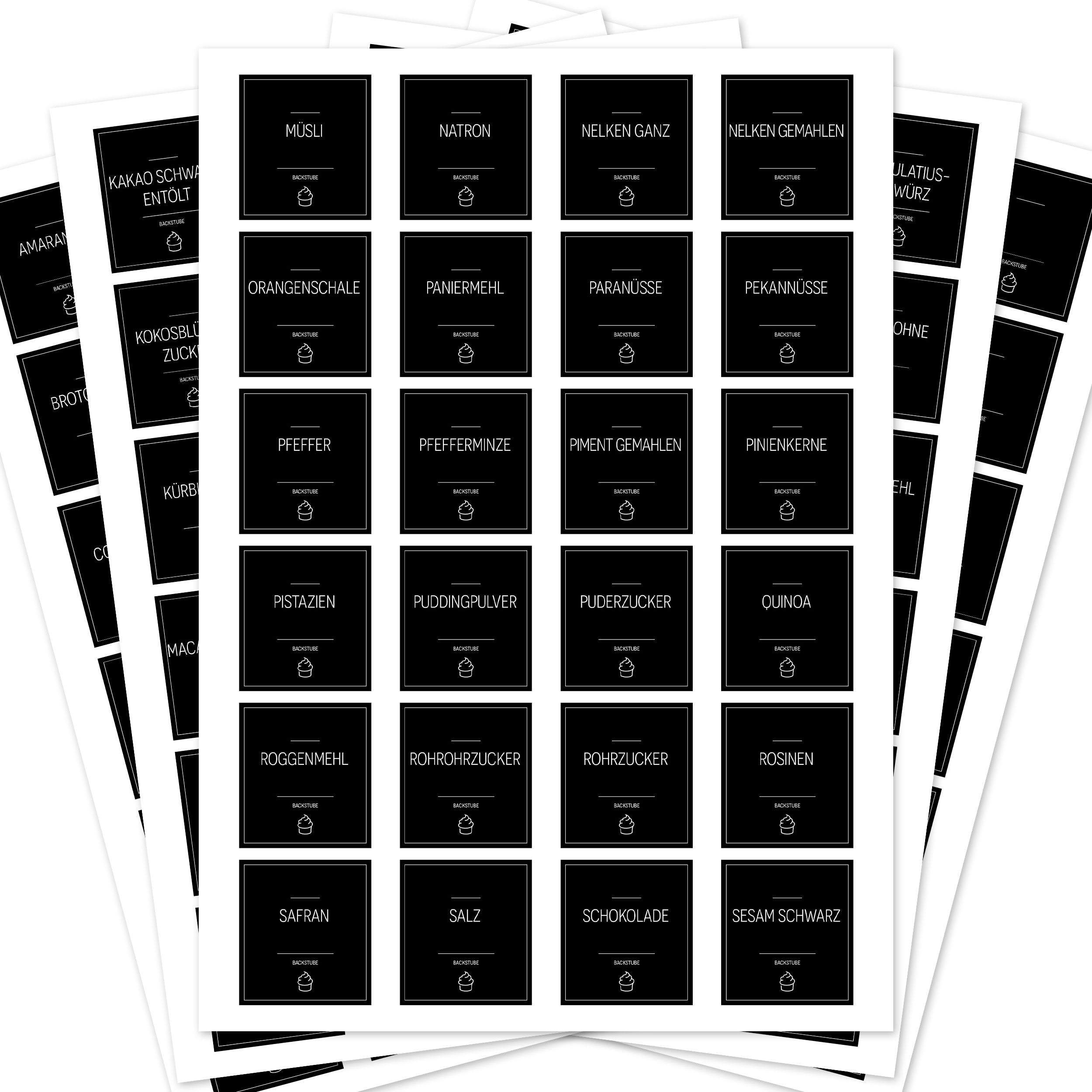 Schwarze Back-Etiketten für Backzutaten, rechteckiges Set mit 120 Aufklebern, ideal für die Backstube.