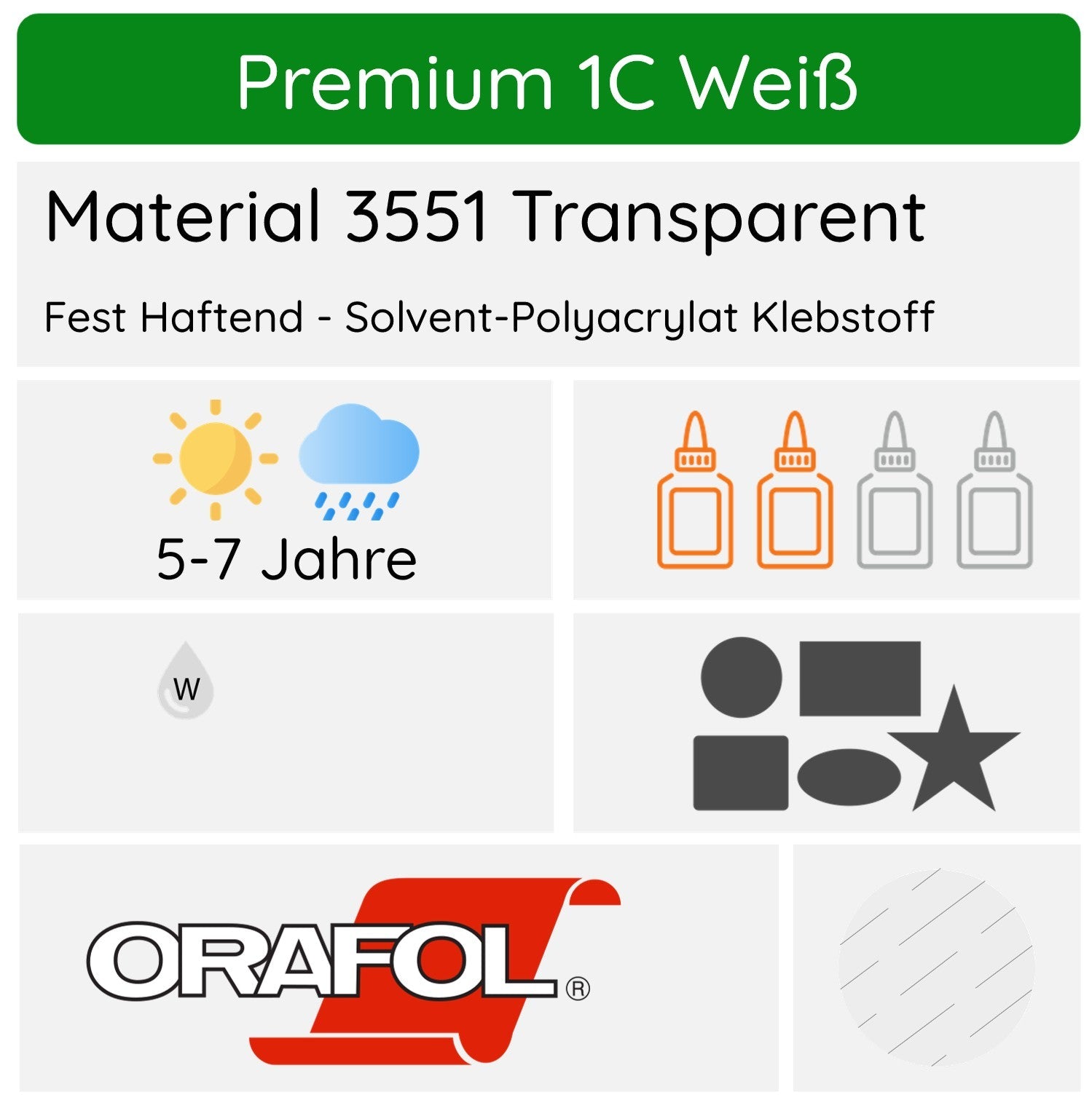 Transparenter weißer Aufkleber von Orafol, langlebig 5-7 Jahre, zeigt das Design auf einer klaren Oberfläche.