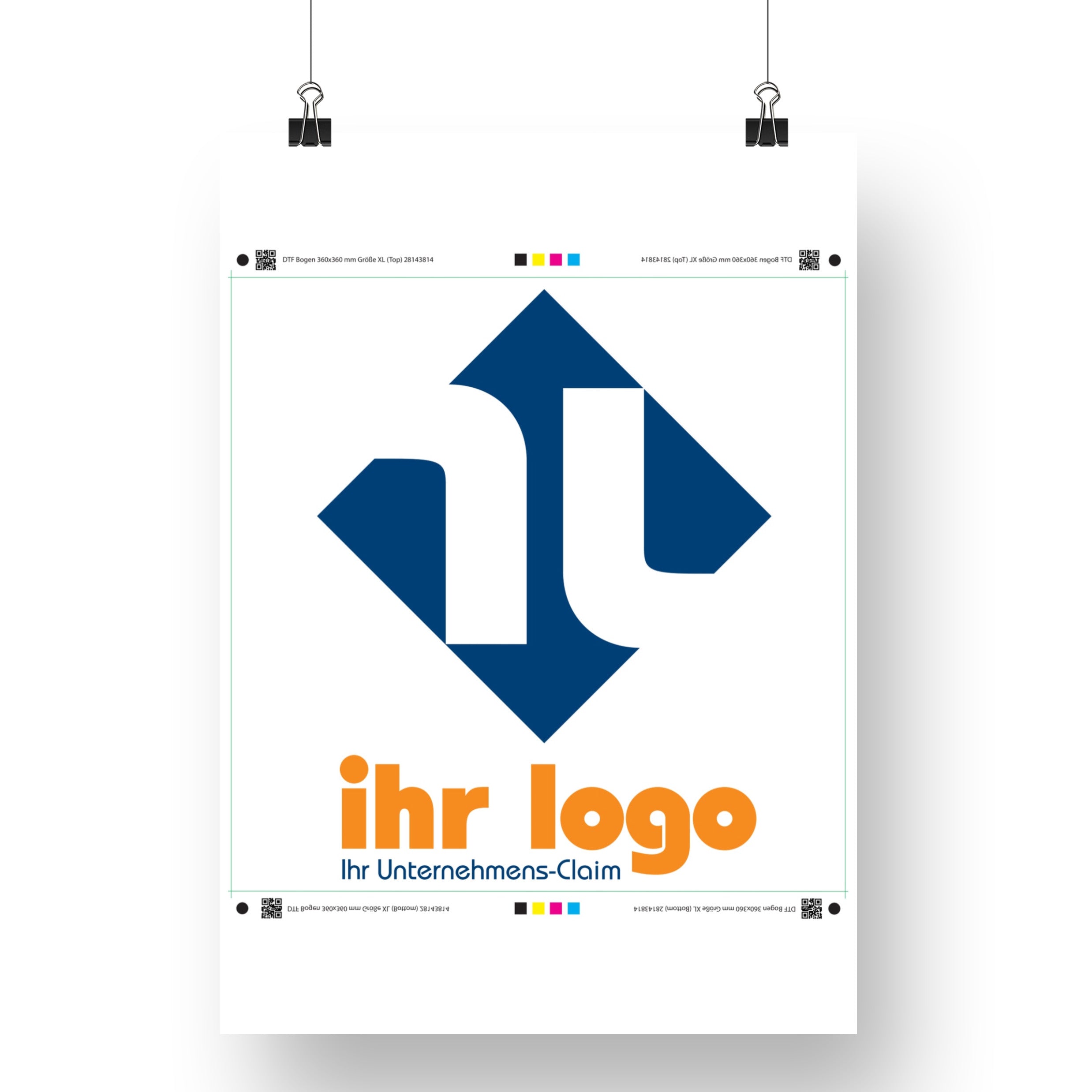 DTF-Transfer-Druckbogen 360x360 mm für Textildruck, direkt auf Film, von aufkleberdrucker.de, liegt flach auf weißem Hintergrund