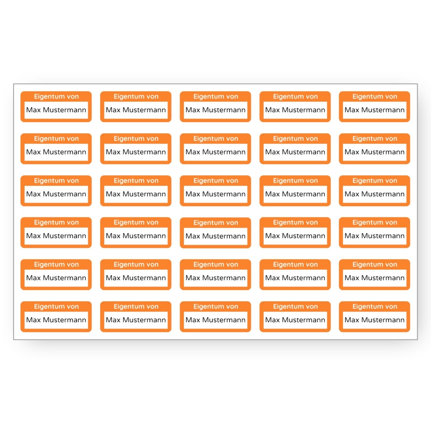 30 personalisierte Eigentum-Aufkleber in Orange, 30x13 mm, auf Bogen, für Inventar und Eigentumskennzeichnung, von aufkleberdrucker.de