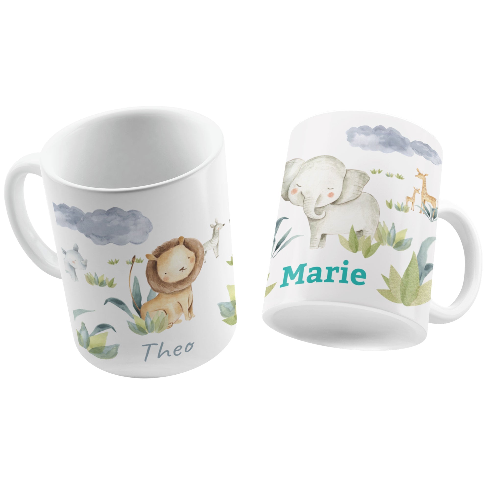 Personalisierte Kindertasse mit Namen, bunte Aquarell-Welten, kindliches Design, langlebige Keramiktasse, für Kinder.