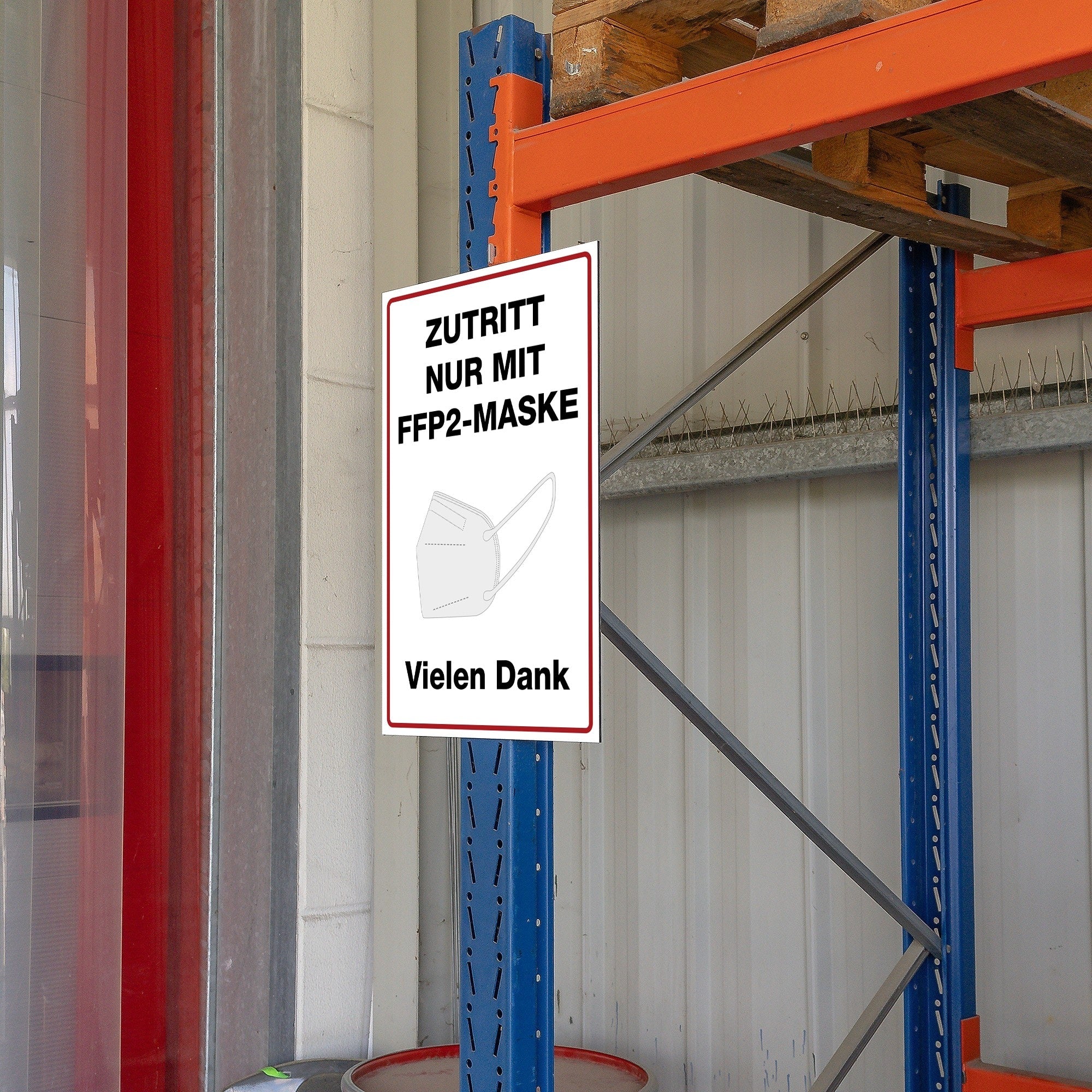 Weißes Aluminium-Schild mit Aufschrift „Zutritt nur mit FFP2-Maske“ in 200x300 mm, für Sicherheitsvorschriften.