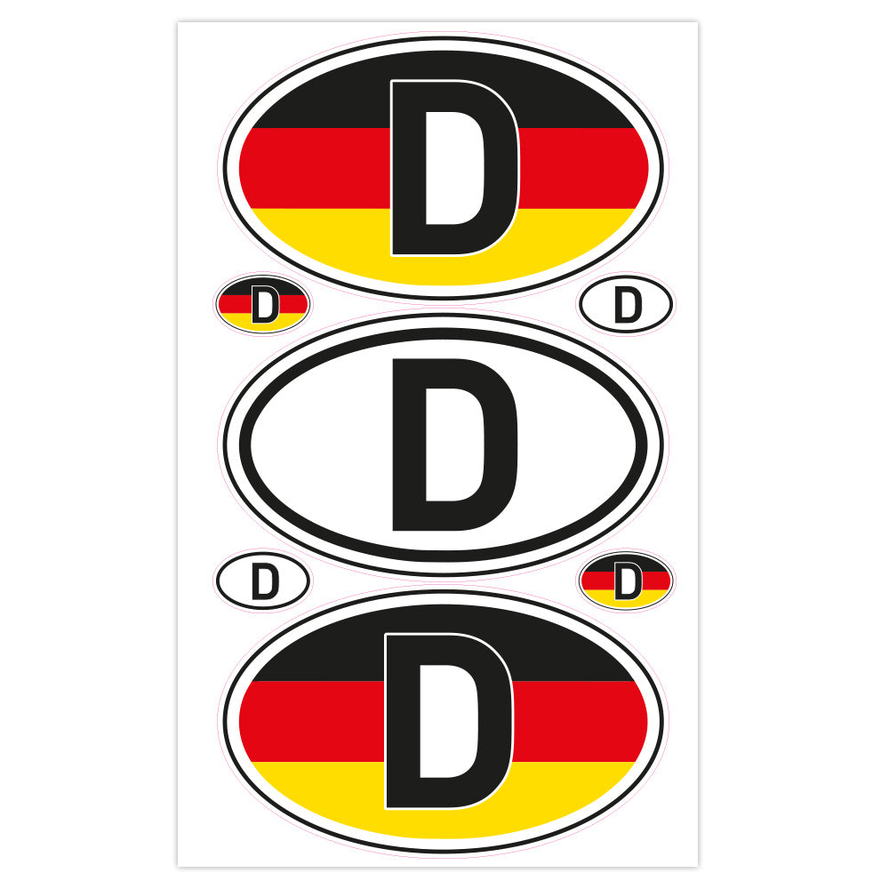 Sieben deutsche Länderkennzeichen-Aufkleber mit Flaggenmuster, 200x300 mm, von aufkleberdrucker.de.