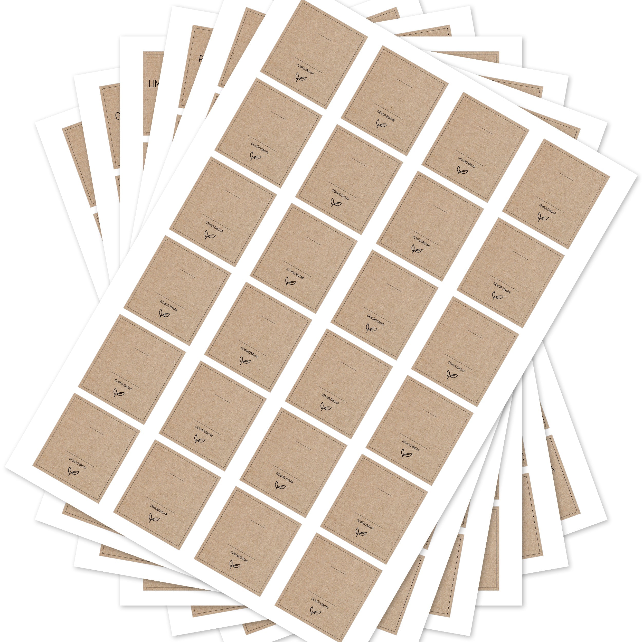 Braune, eckige Gewürzetiketten für Gewürzgläser von aufkleberdrucker.de, Set mit 144 Aufklebern für Küchen- und Gewürzorganisation