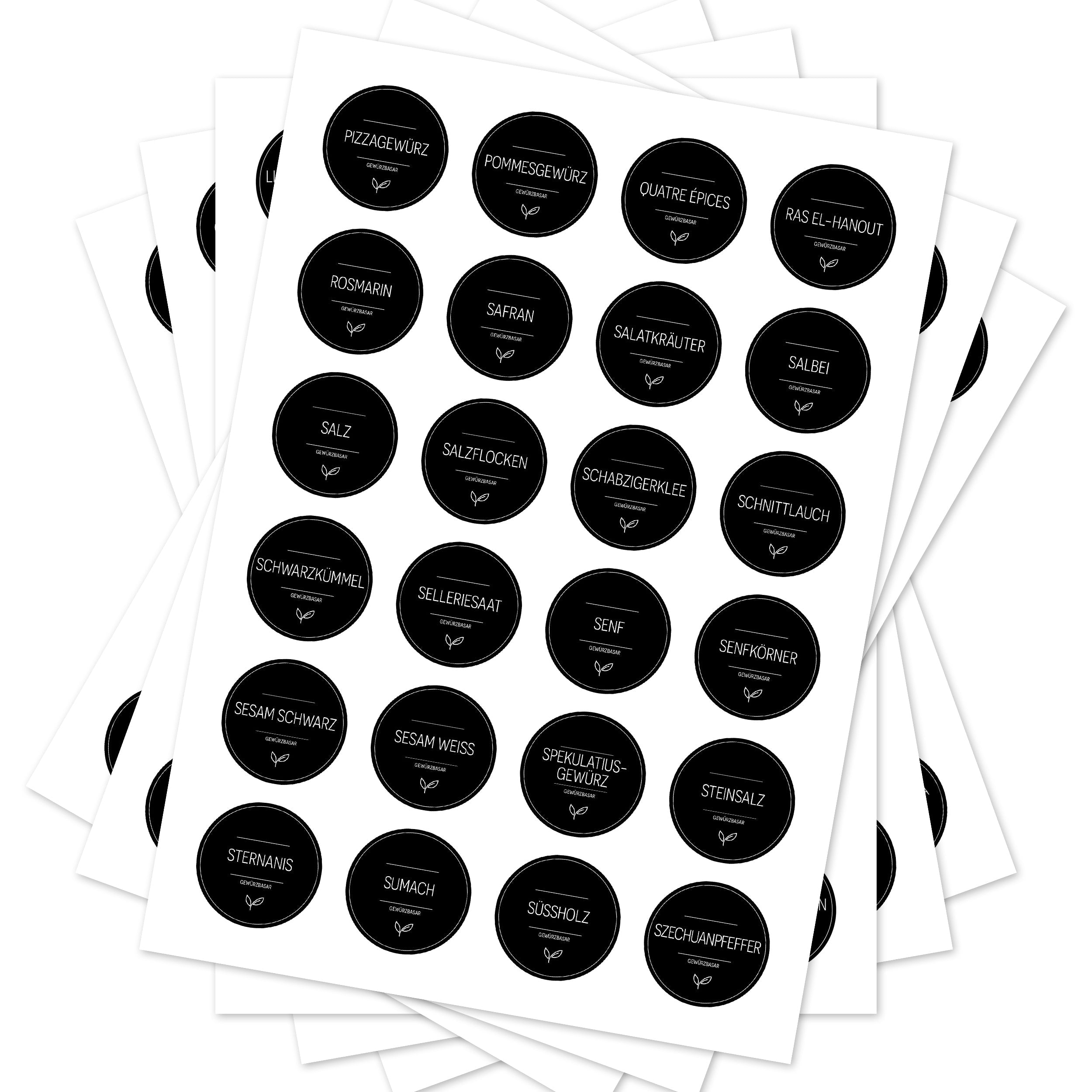 Runde schwarze Gewürzetiketten für Gewürzgläser, 144 Stück, aufkleberdrucker.de, perfekt für die Organisation in der Küche