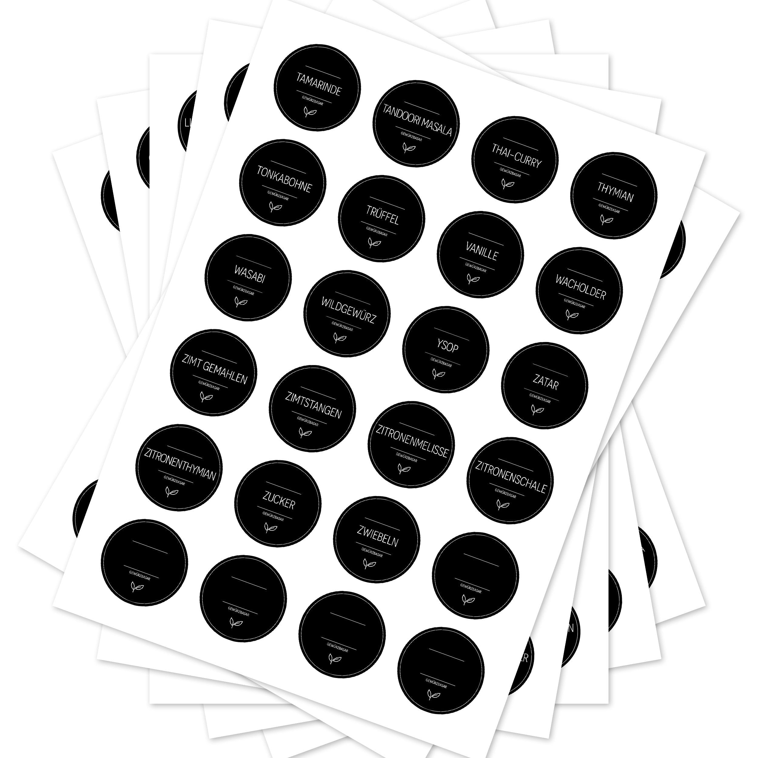 Runde schwarze Gewürzetiketten für Gläser, 144 Stück, von aufkleberdrucker.de, zum Beschriften von Gewürzgläsern.