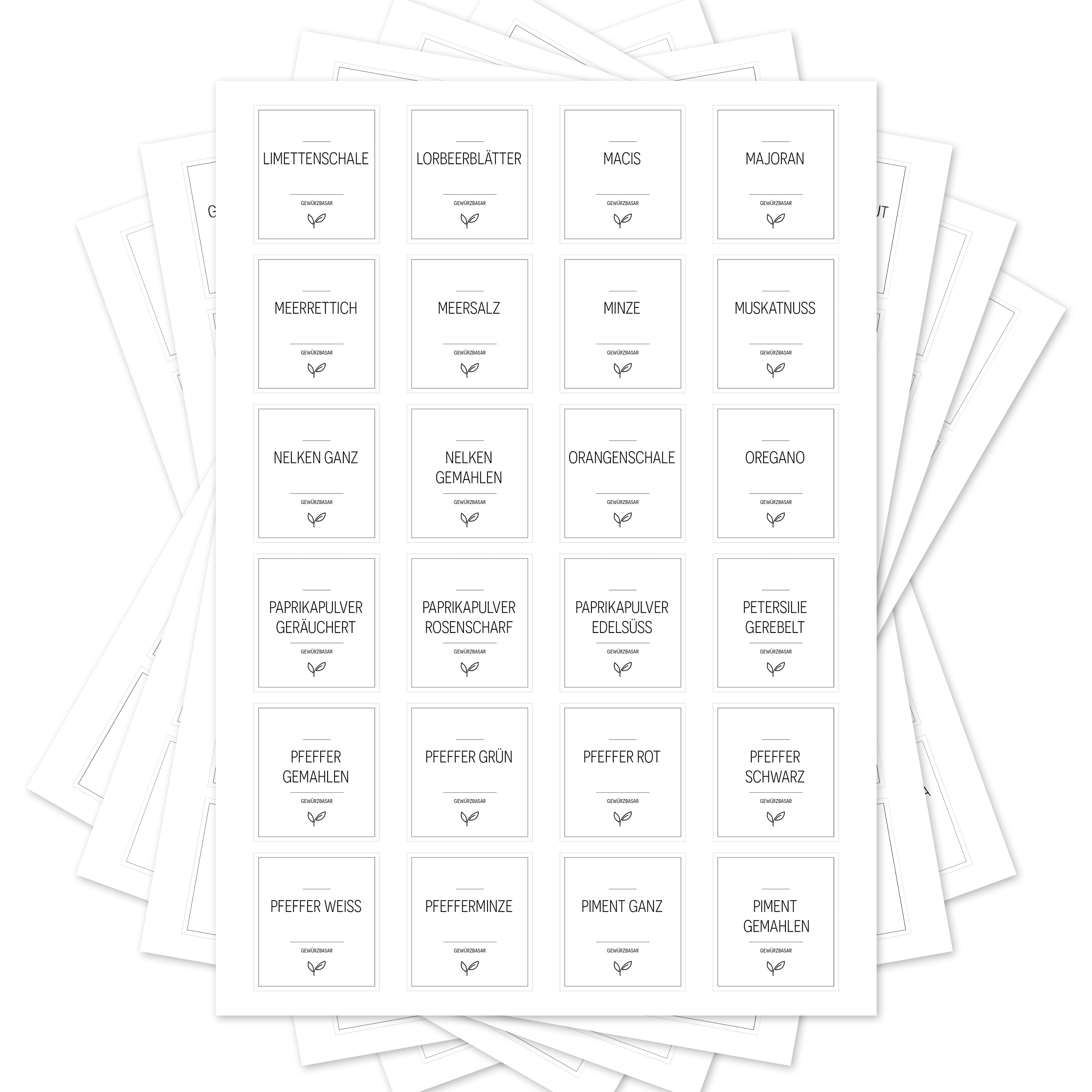Weiße, eckige Gewürzetiketten von aufkleberdrucker.de, perfekt für Gewürzgläser, im Set mit 144 Aufklebern.