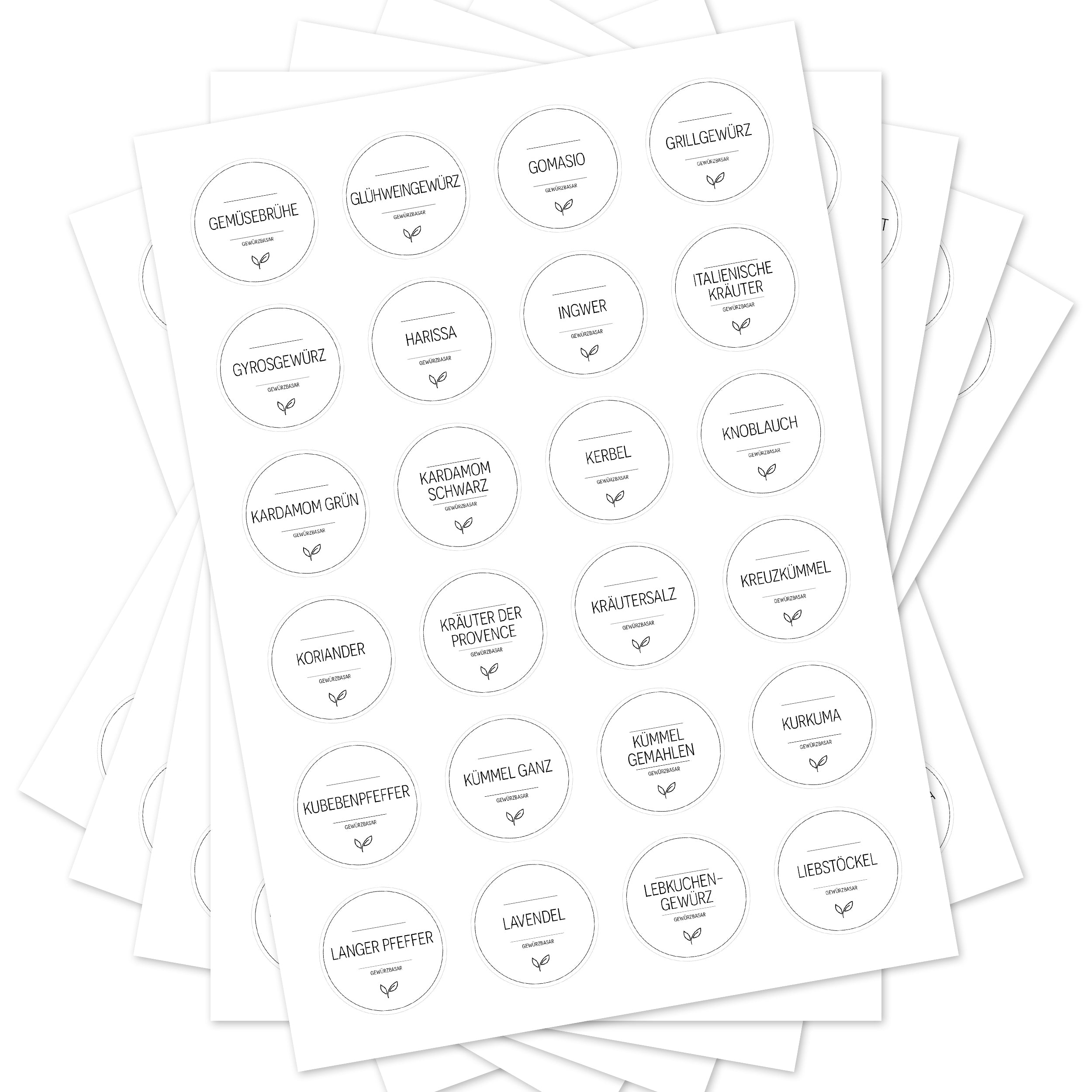 Runde weiße Gewürzetiketten für Gläser, 144er Set, von aufkleberdrucker.de, ideal zum Beschriften von Gewürzgläsern
