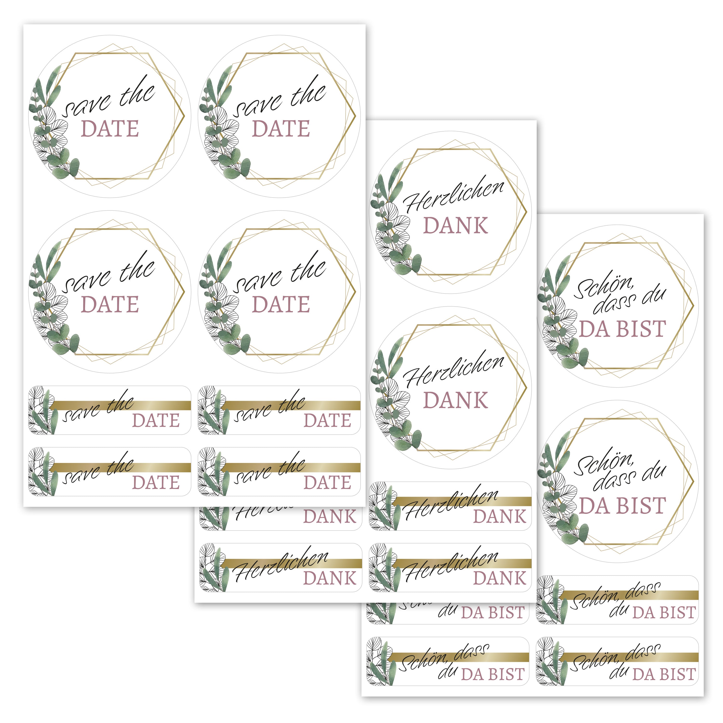 Dreieckige Eukalyptus-Hochzeit-Aufkleber in drei Sorten, Set mit 80 verschiedenen Größen und Texten, naturinspiriertes Design