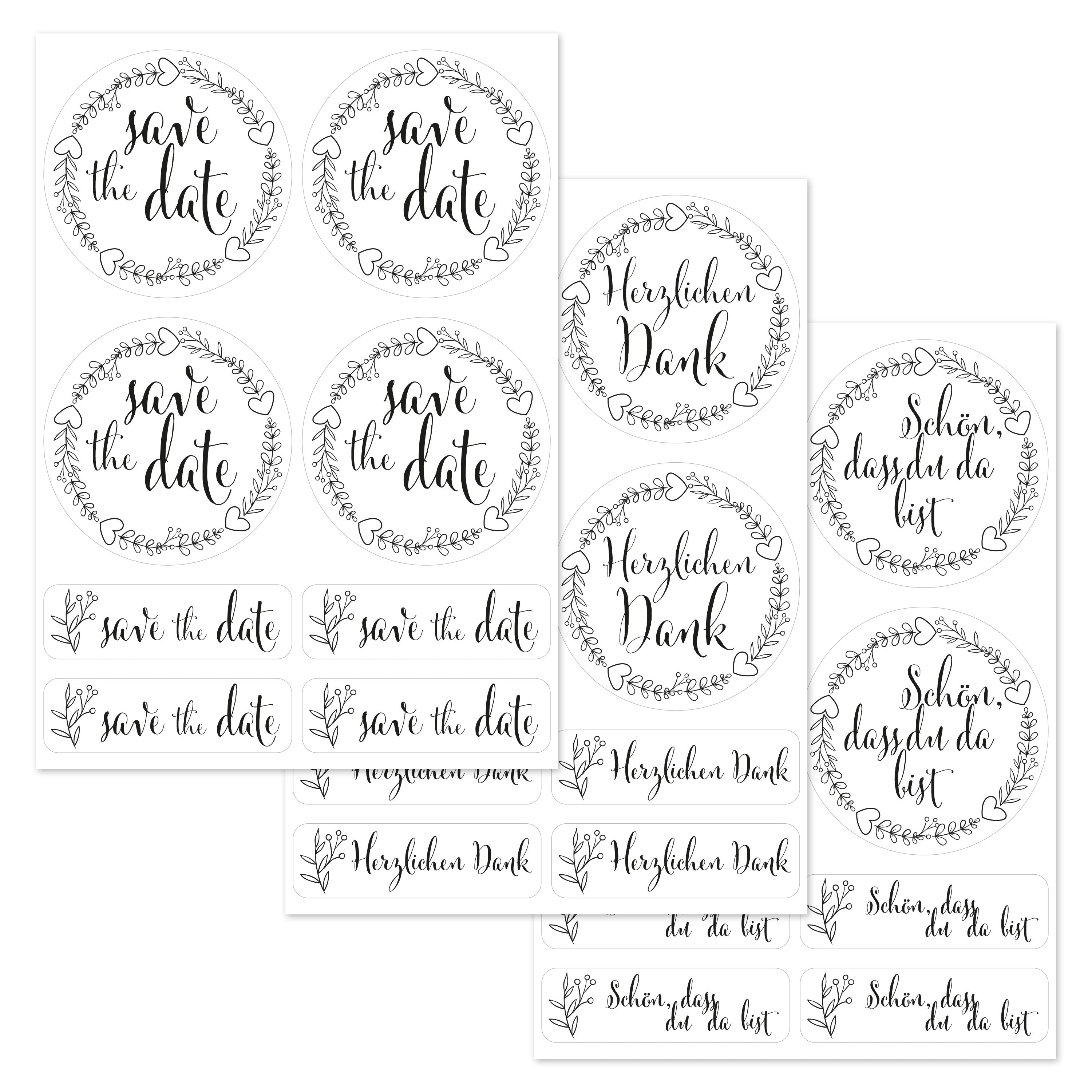 Schwarz-weiße Hochzeitsaufkleber im Set mit 80 bunten, verschiedenen Größen und Texten, ideal für Hochzeitsdekorationen.