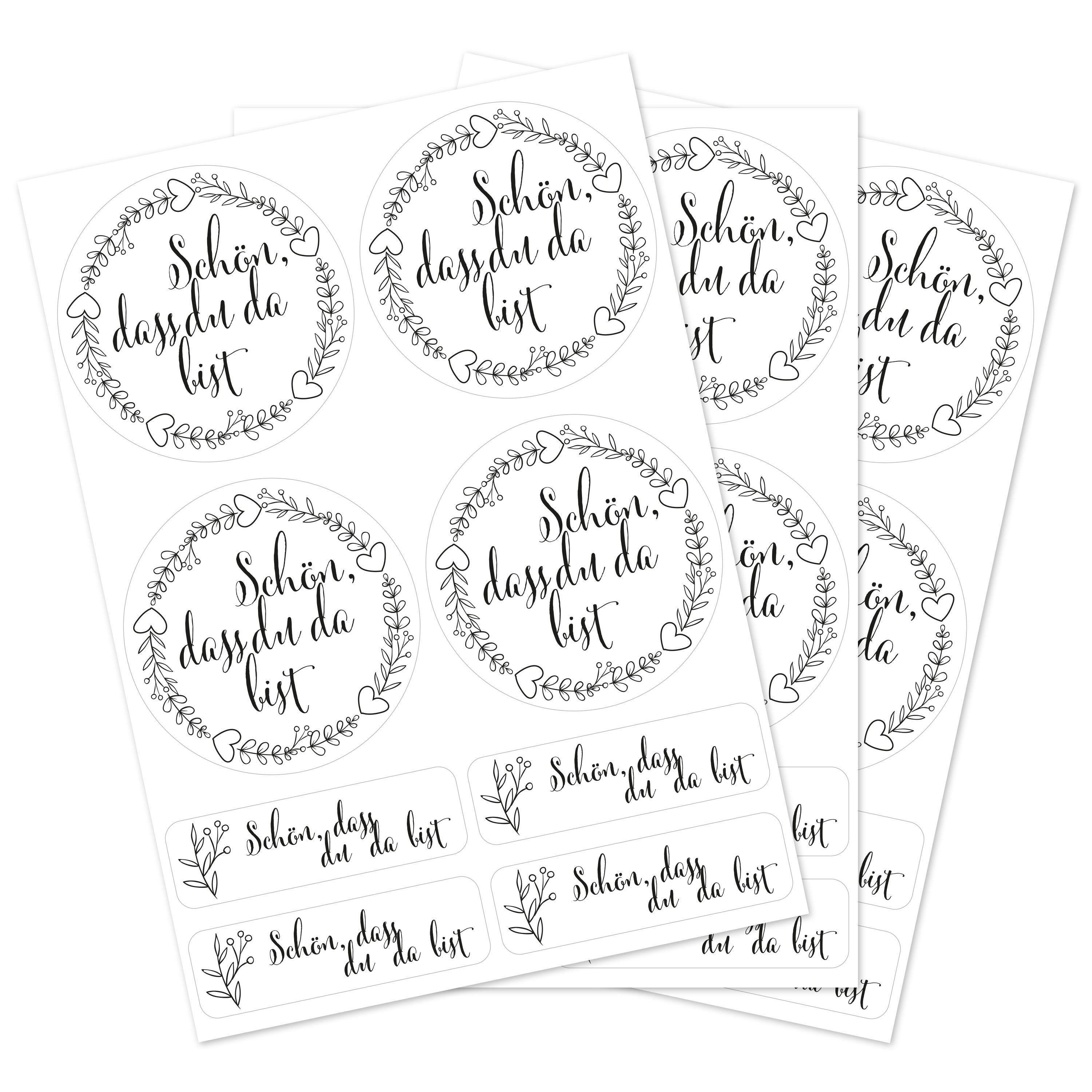 Schwarz-weiße Hochzeitsaufkleber im Set mit 80 verschiedenen Größen und Texten, ideal für Dekorationen und Einladungen.