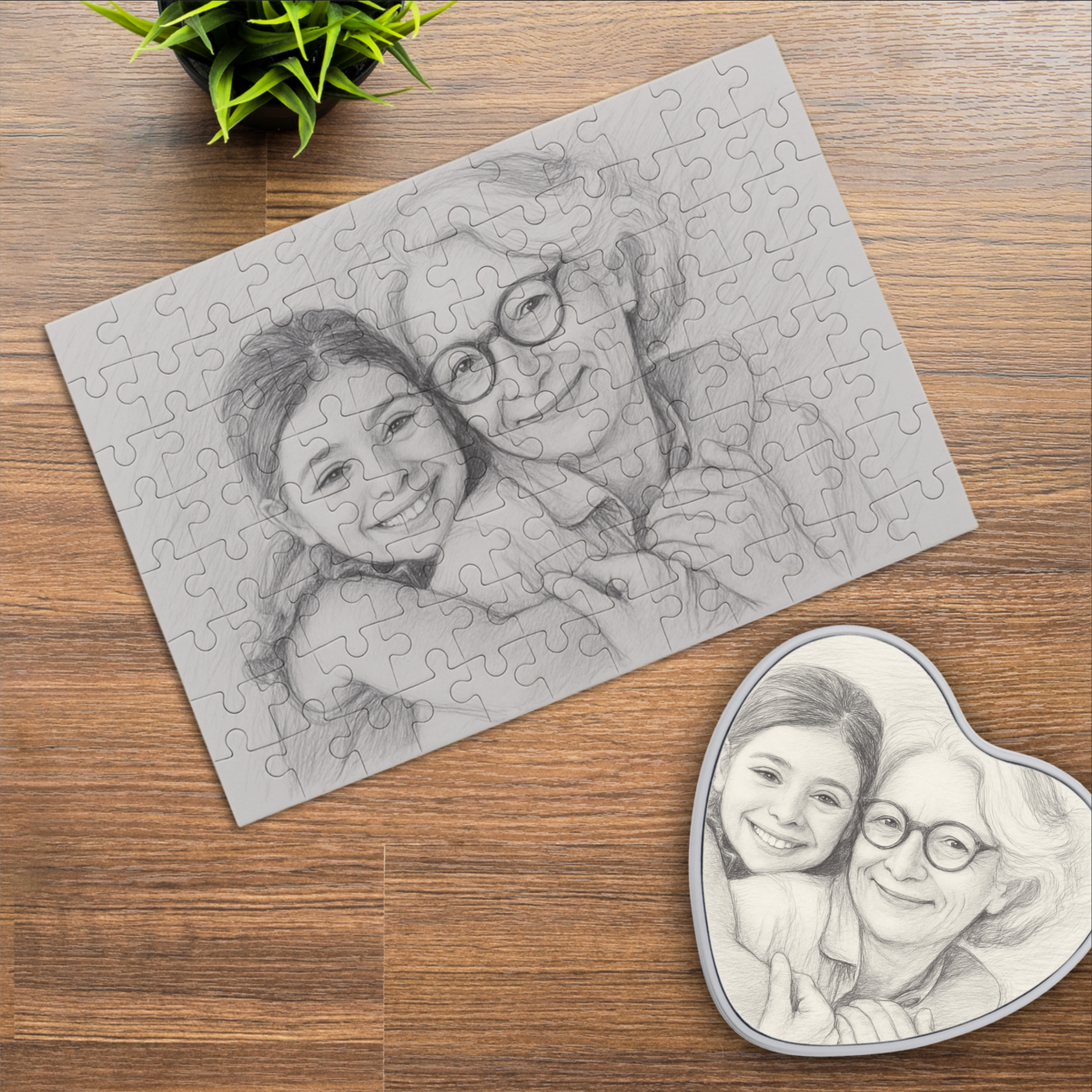 Puzzle mit Bleistiftzeichnung und Individualisierung (inkl. Herzdose – 96 Teile) - adressaufkleber-fabrik.de
