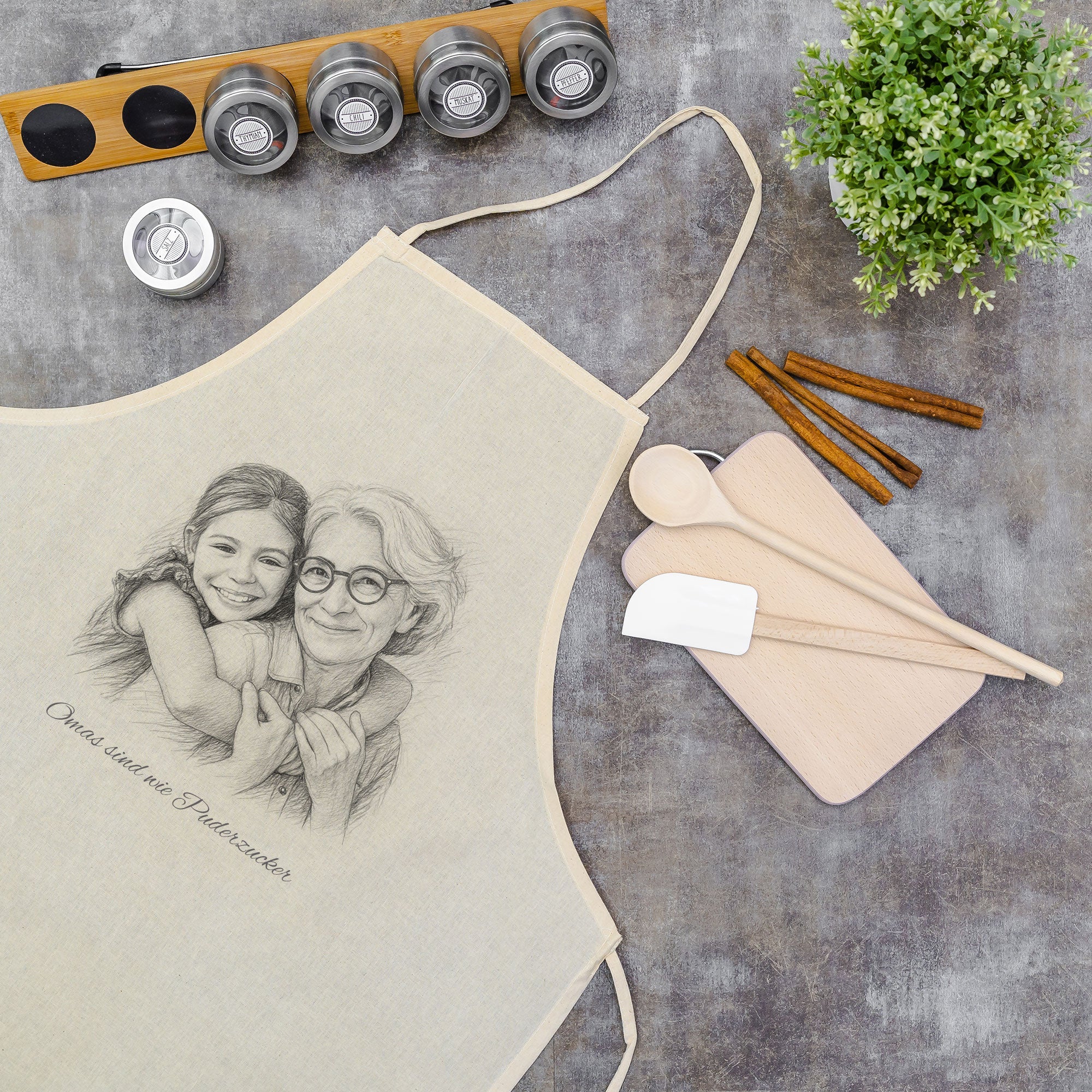 Kinder-Schürze mit Bleistiftzeichnung und Text, strapazierfähiges Baumwollmaterial, ideal für kreative Aktivitäten und Kochen.