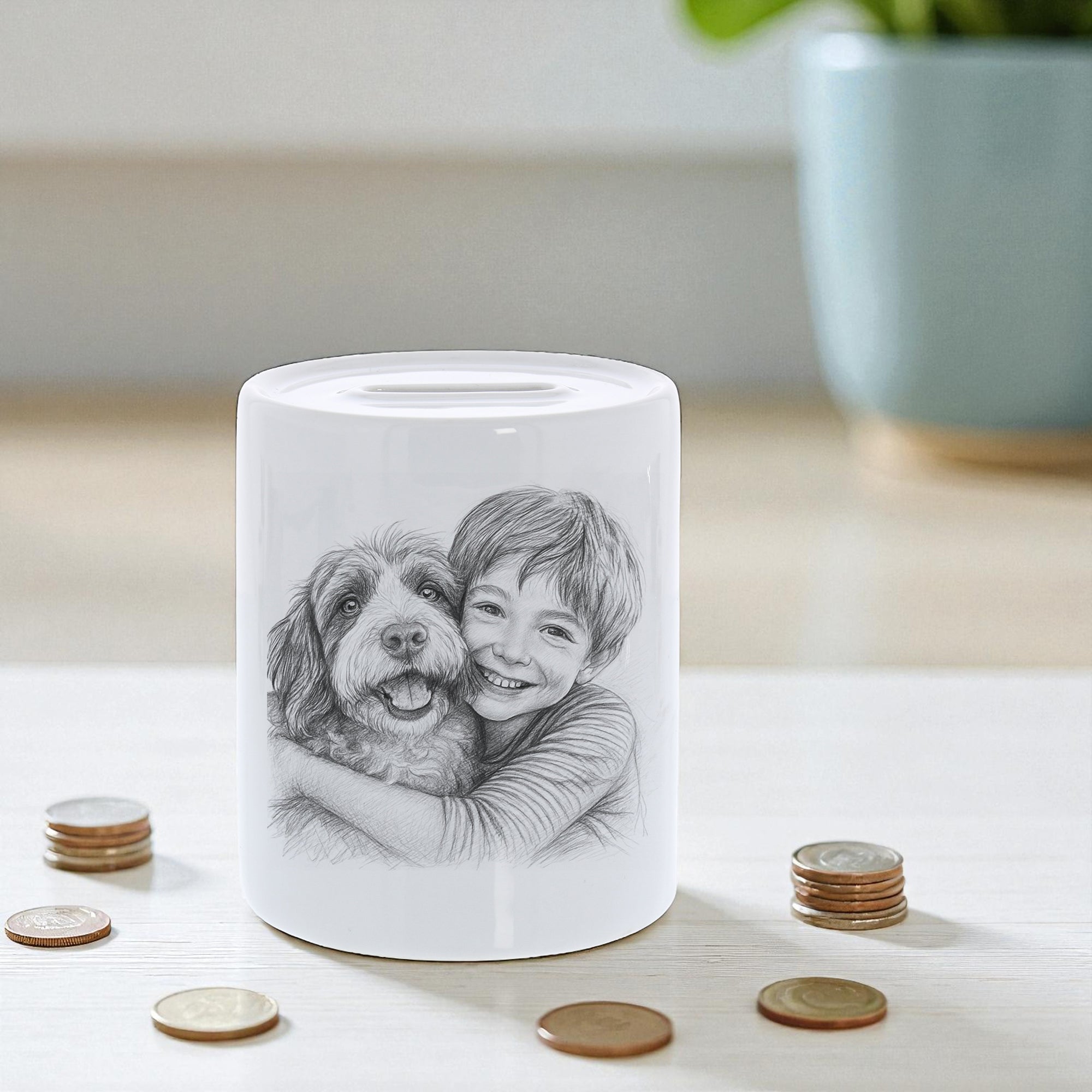 Spardose mit Bleistiftzeichnung und personalisierter Gestaltung, individuell bedruckbar, aufkleberdrucker.de