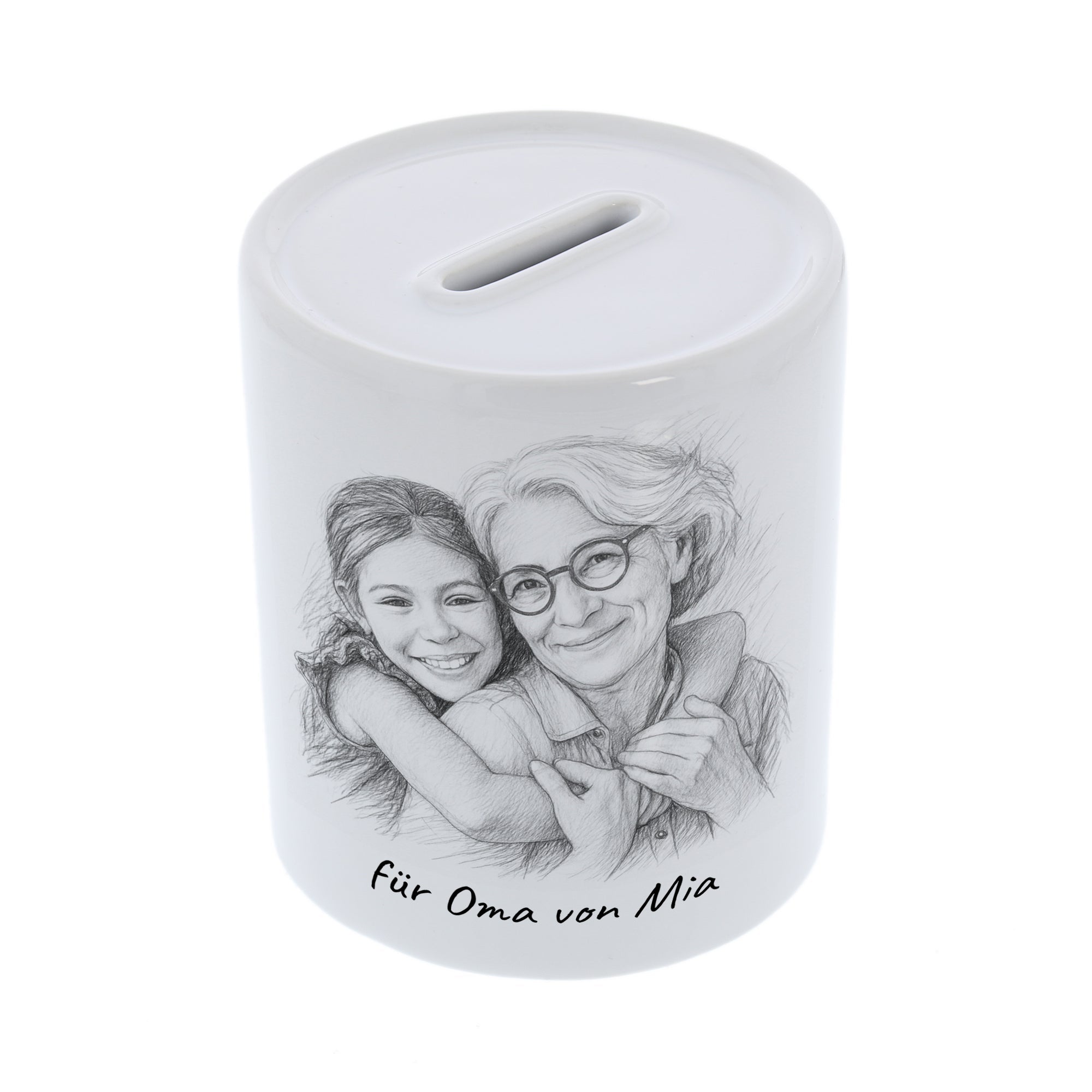 Spardose mit Bleistiftzeichnung und Personalisierung, kreative Geldbox von aufkleberdrucker.de, detailreiche Illustration sichtbar