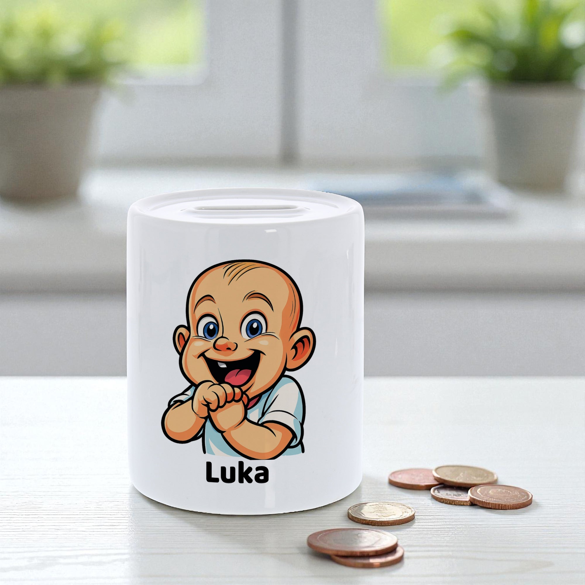 Spardose mit Karikatur und Personalisierung, bunte Comic-Design, aus Keramik, individuell gestaltbar für Kinder und Erwachsene