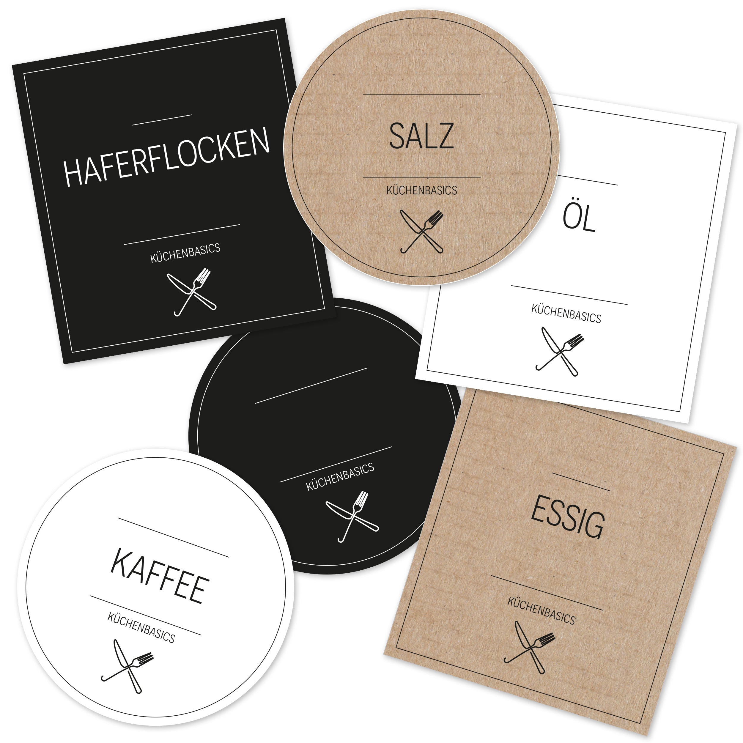 Set von 48 Küchenaufklebern für Küchenbasics, ideal für Dekoration und Organisation in der Küche, von aufkleberdrucker.de
