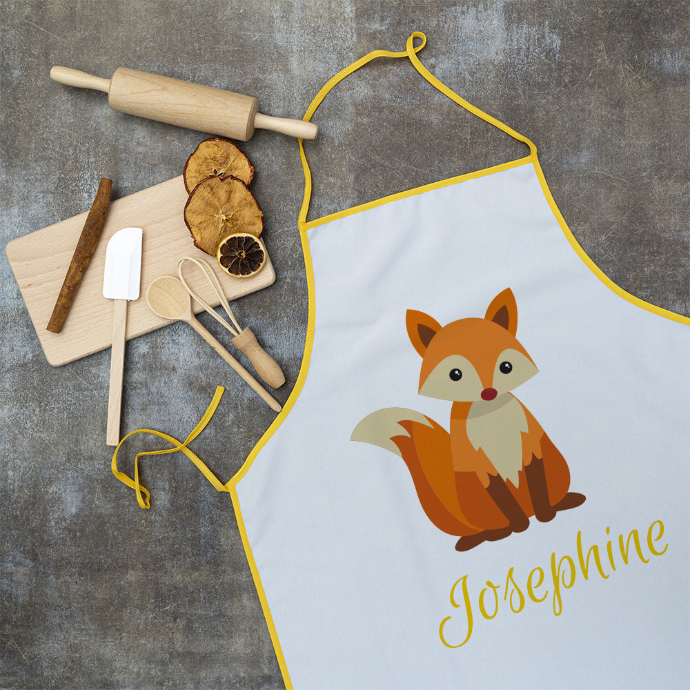 Kinderschürze mit Fuchs-Design und individuellem Druck, ideal zum Basteln und Kochen für Kinder, von kinder-druckerei.de