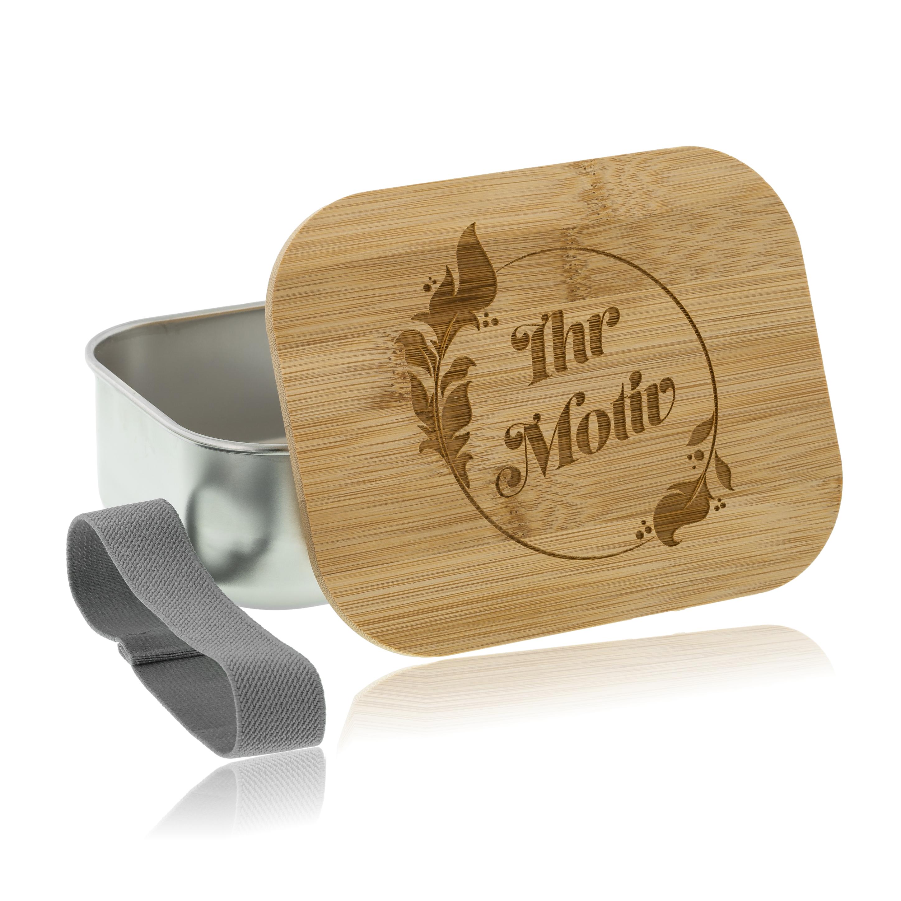 Edelstahl Lunchbox mit Bambusdeckel und Verschluss, individuell graviert, ideal für Kinder, von kinder-druckerei.de