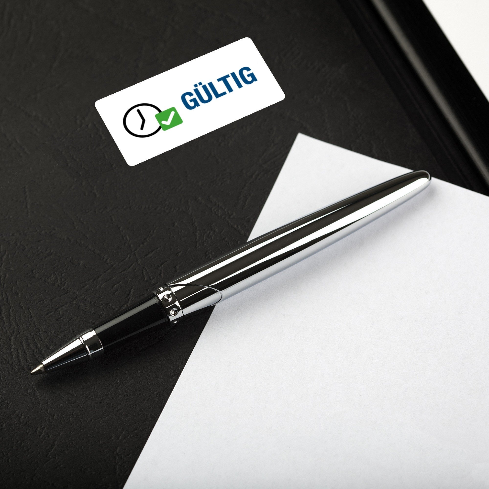 Aufkleber mit Piktogramm "Gültig", 60x30 mm, auf Rolle, 250 Stück, gelber Hintergrund, klarer Text, für Etiketten und Beschriftungen