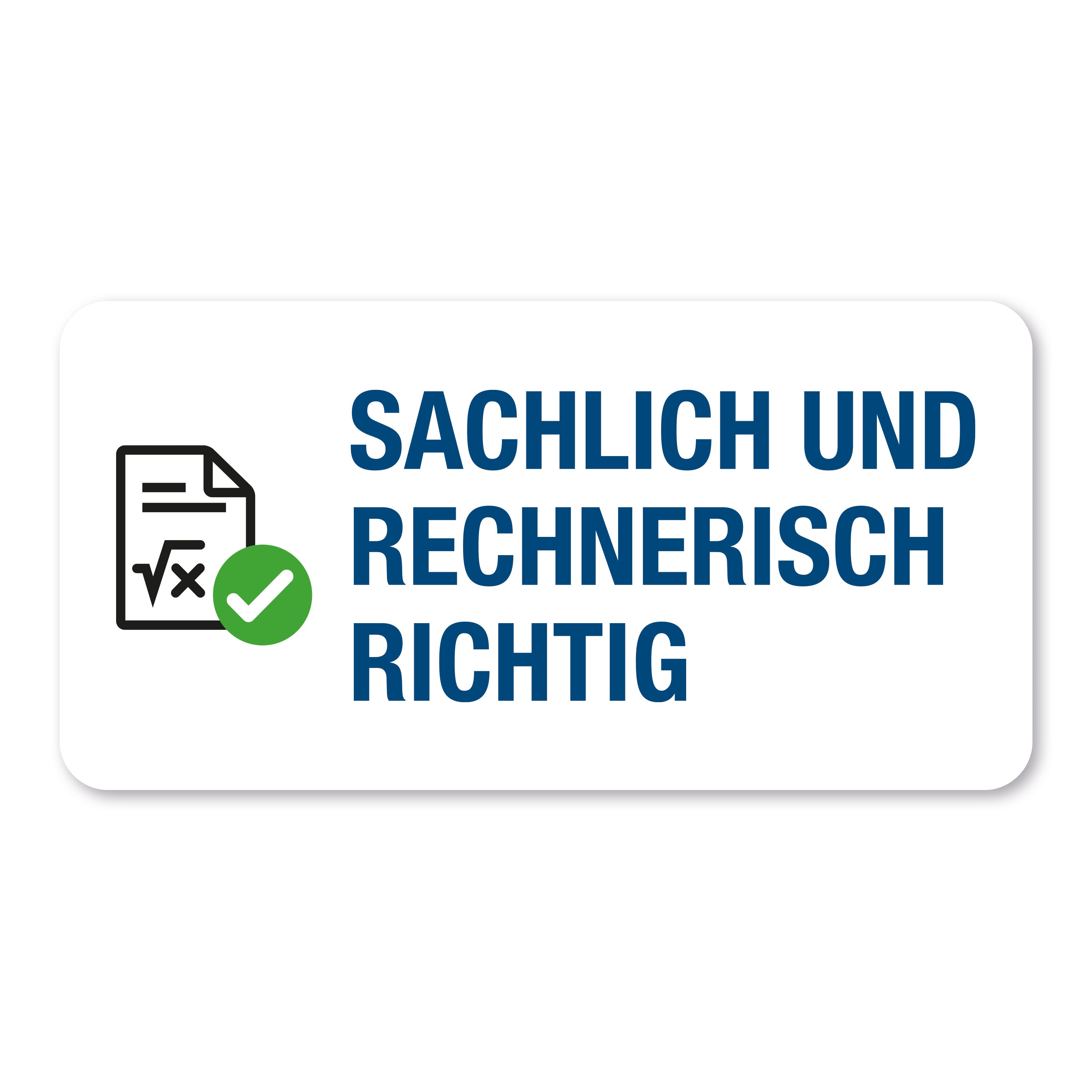 Aufkleber mit Piktogramm „Sachlich und rechnerisch richtig“ auf 60x30 mm Rollenetikett, 250 Stück, für Büro und Organisation.