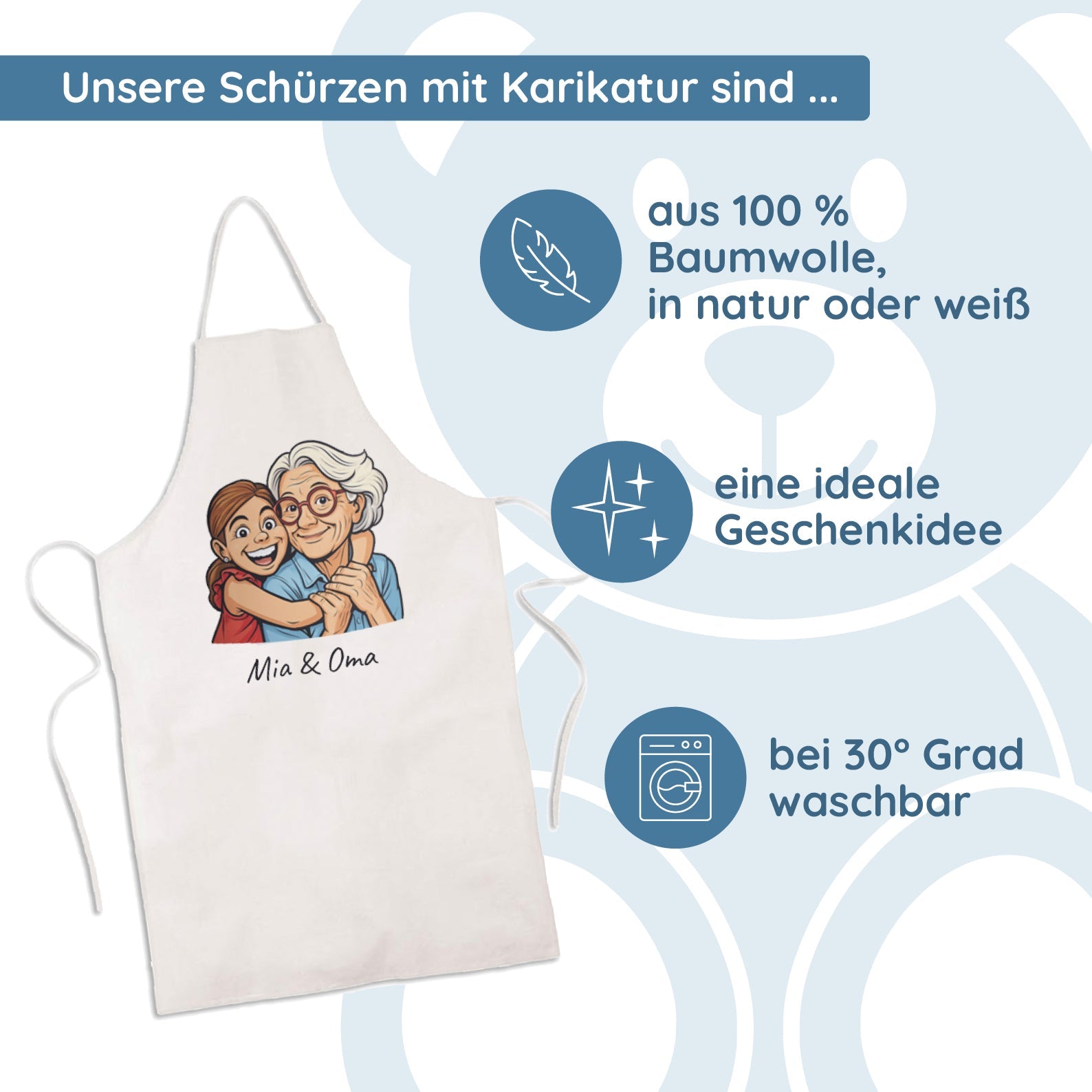Bunte Schürze mit Karikatur und Text von kinder-druckerei.de, ideal für Kinder beim Kochen oder Basteln.
