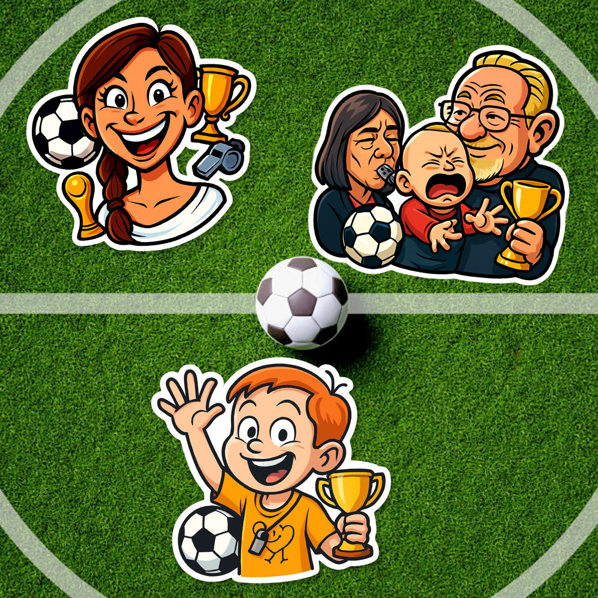 Personalisierter Fußball-Fan Karikatur-Sticker nach Foto, konturgeschnitten, mit lebendigen Farben, geeignet für Fans und Sammler